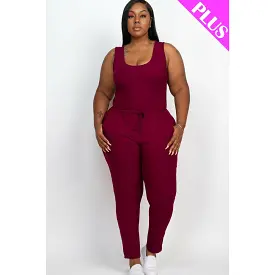 Plus size burgundy ribbed sleeveless drawstring jumpsuit