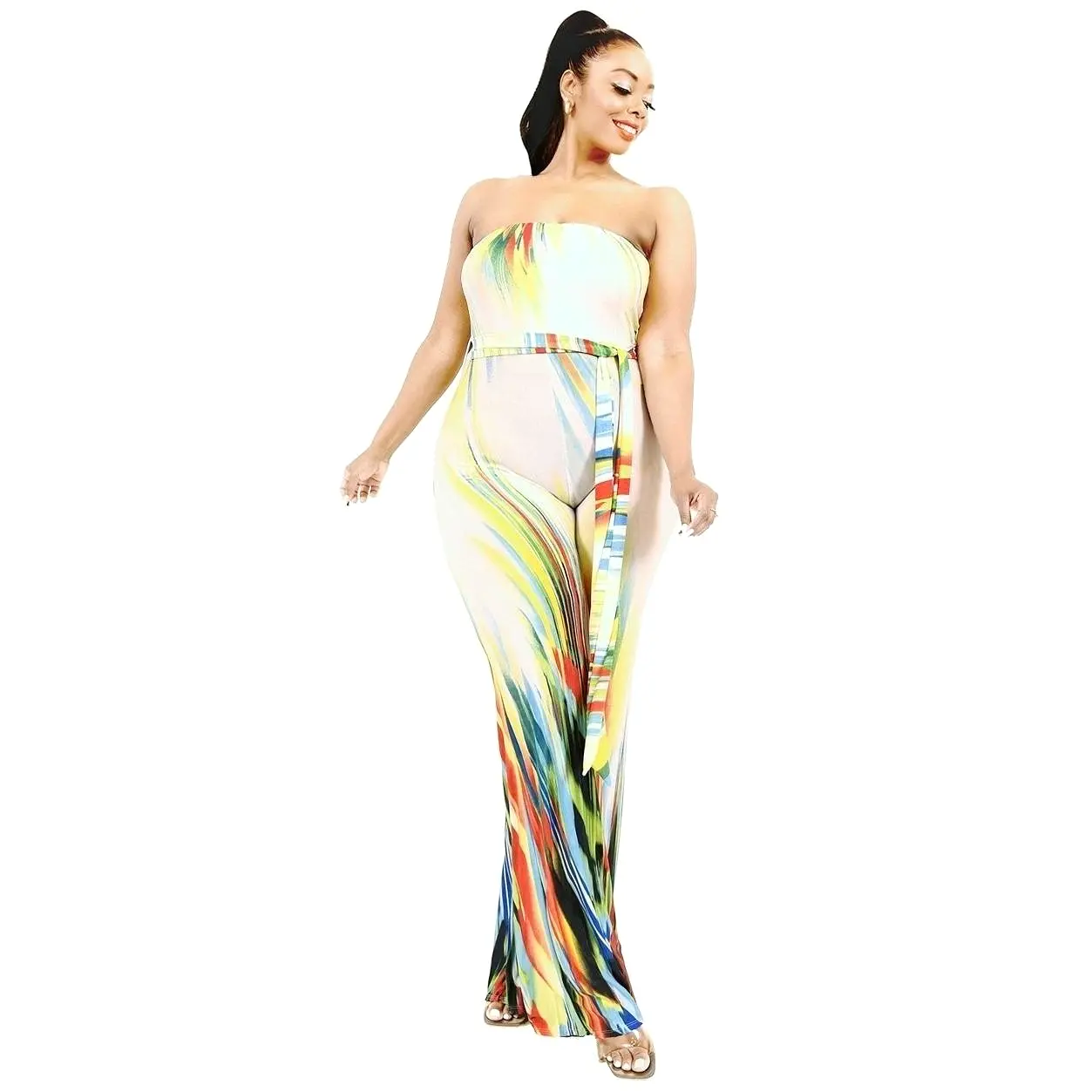 Plus size off shoulder color brushed tie waist jumpsuit