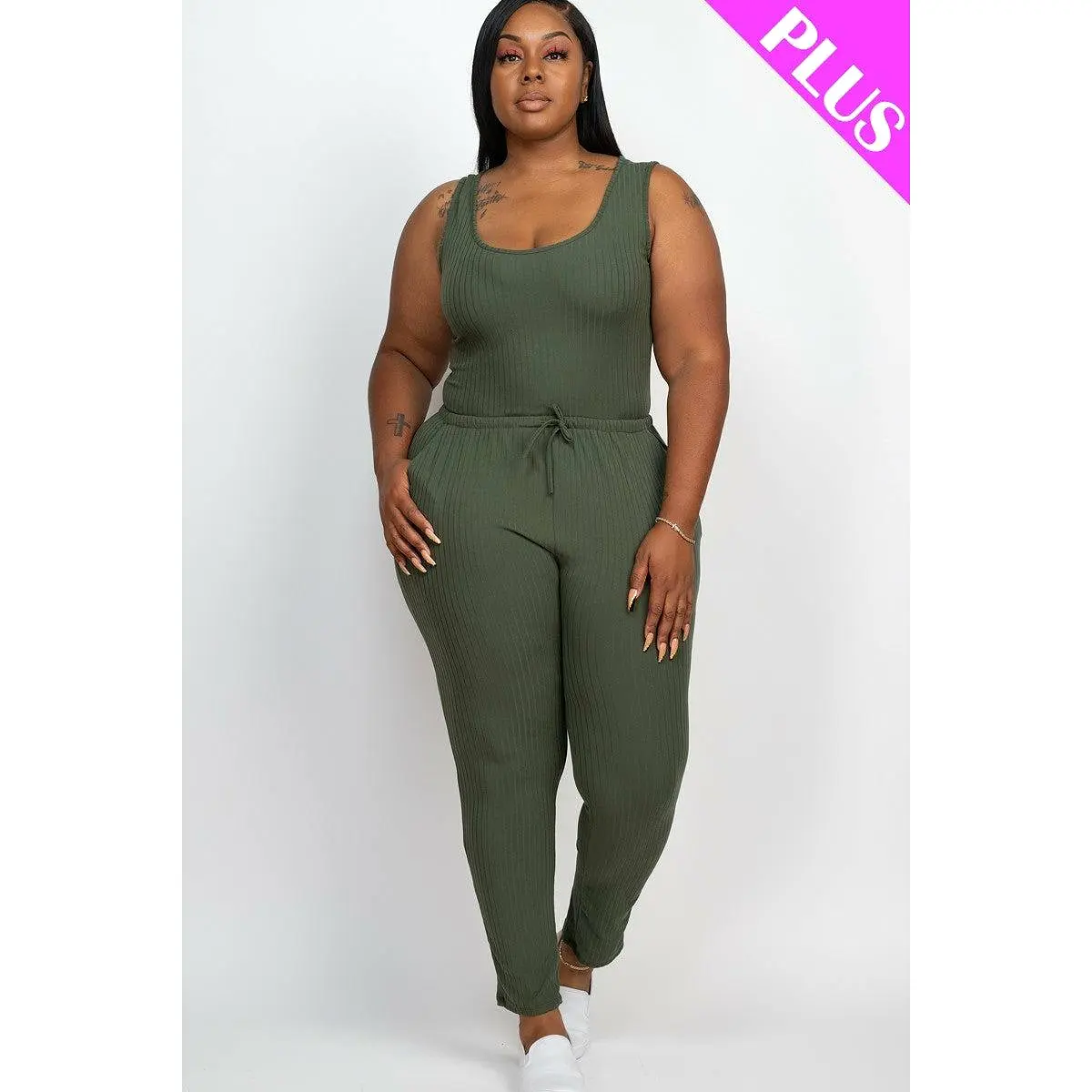 Plus size olive ribbed sleeveless drawstring jumpsuit