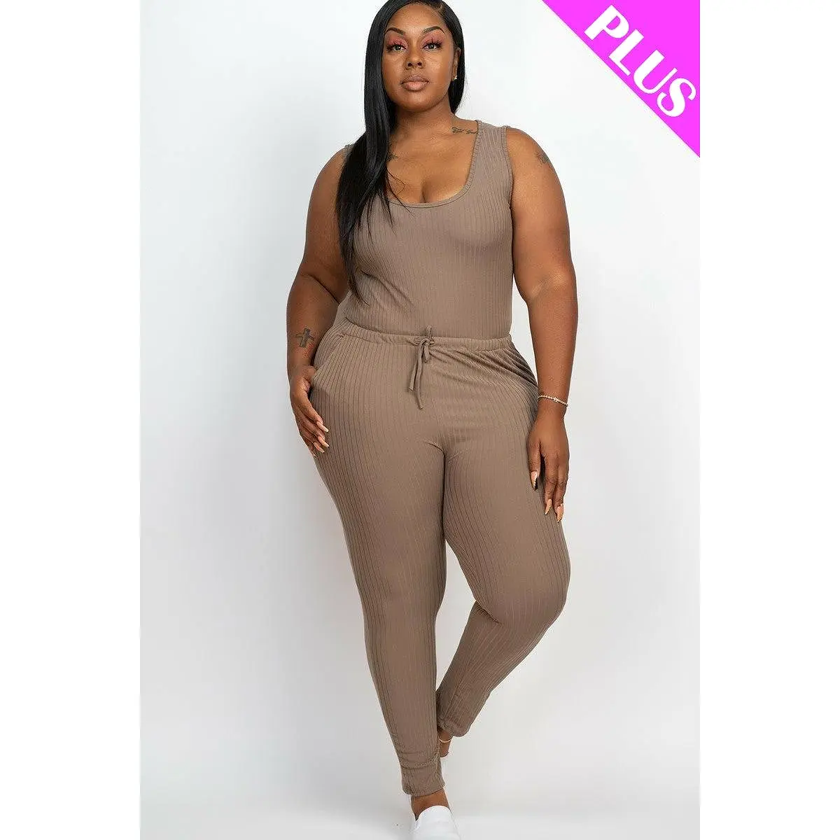 Plus size ribbed high stretch drawstring jumpsuit