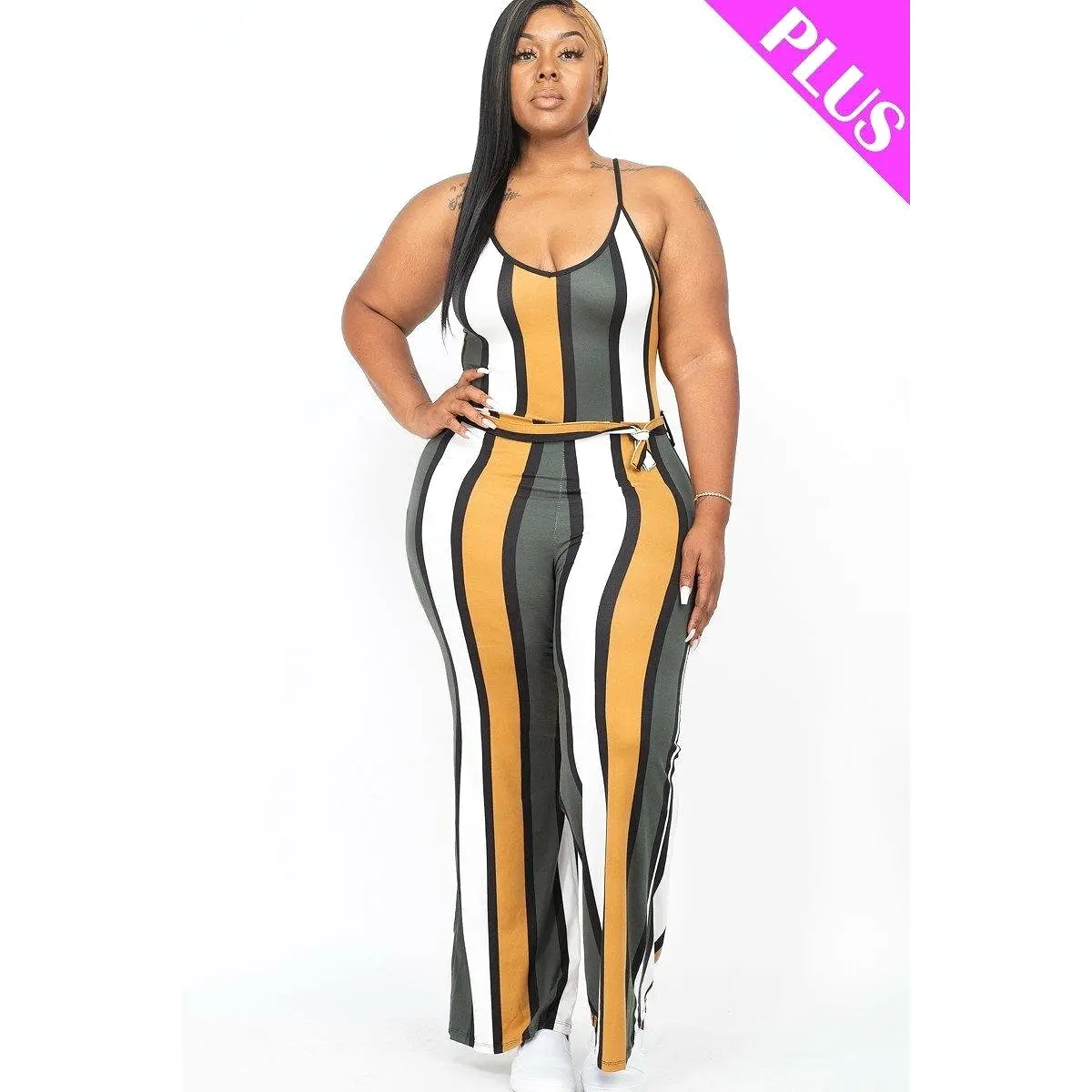 Plus size stripe stretch knit wide leg Jumpsuit