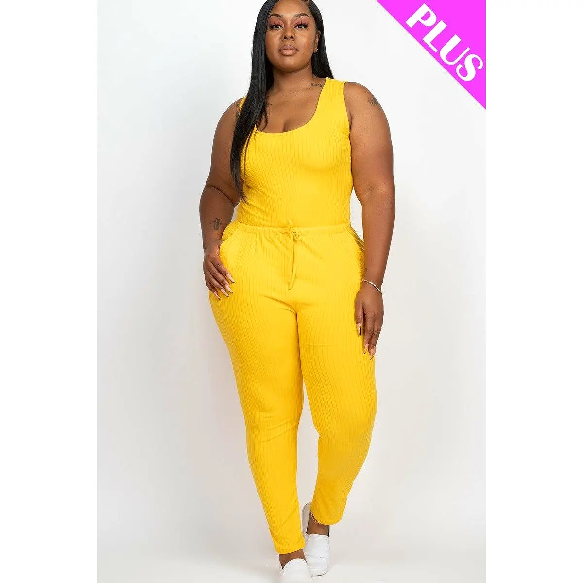 Plus size yellow ribbed sleeveless drawstring jumpsuit