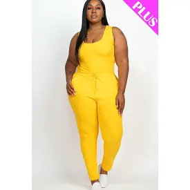 Plus size yellow ribbed sleeveless drawstring jumpsuit