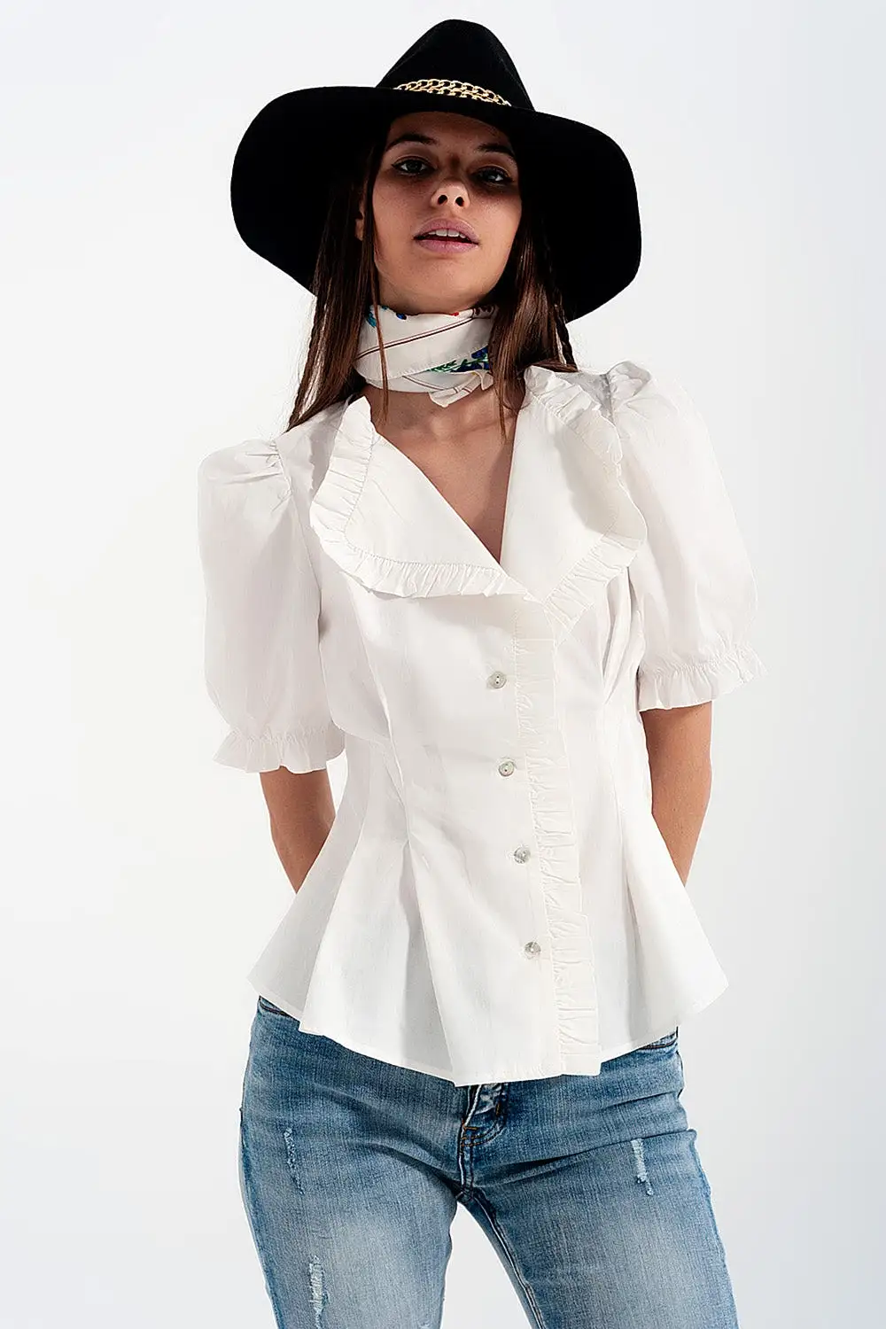 Poplin Frill Detail Wrap Blouse in Cream