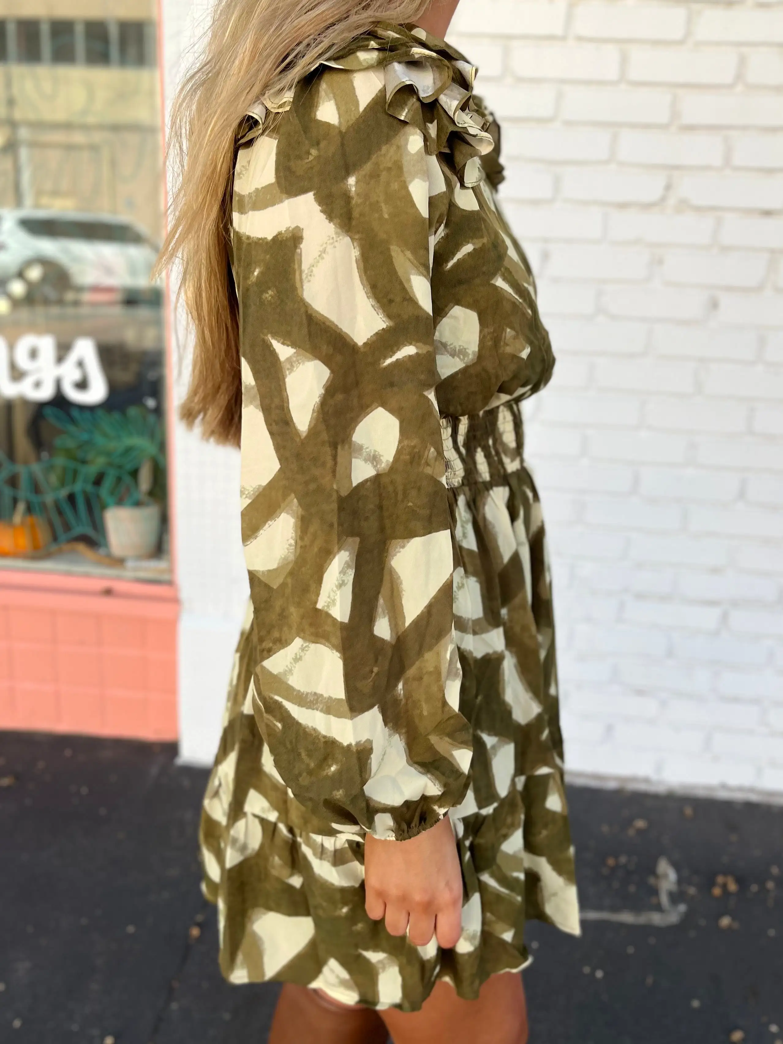 Printed Long Sleeve Mini Dress-Olive