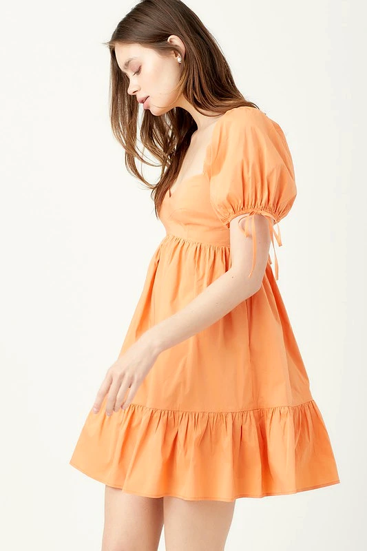 PUFF SLEEVE SWEETHEART MINI DRESS - PAPAYA