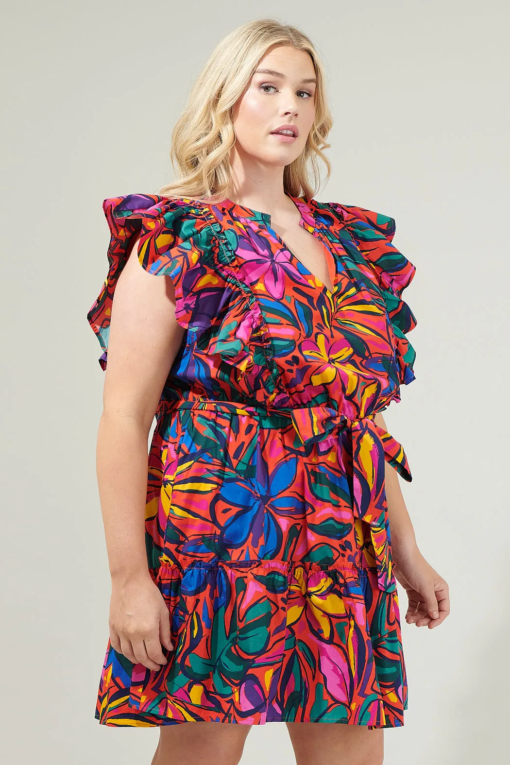 Rainbow Tropics Floral Ruffle Mini Dress Curve