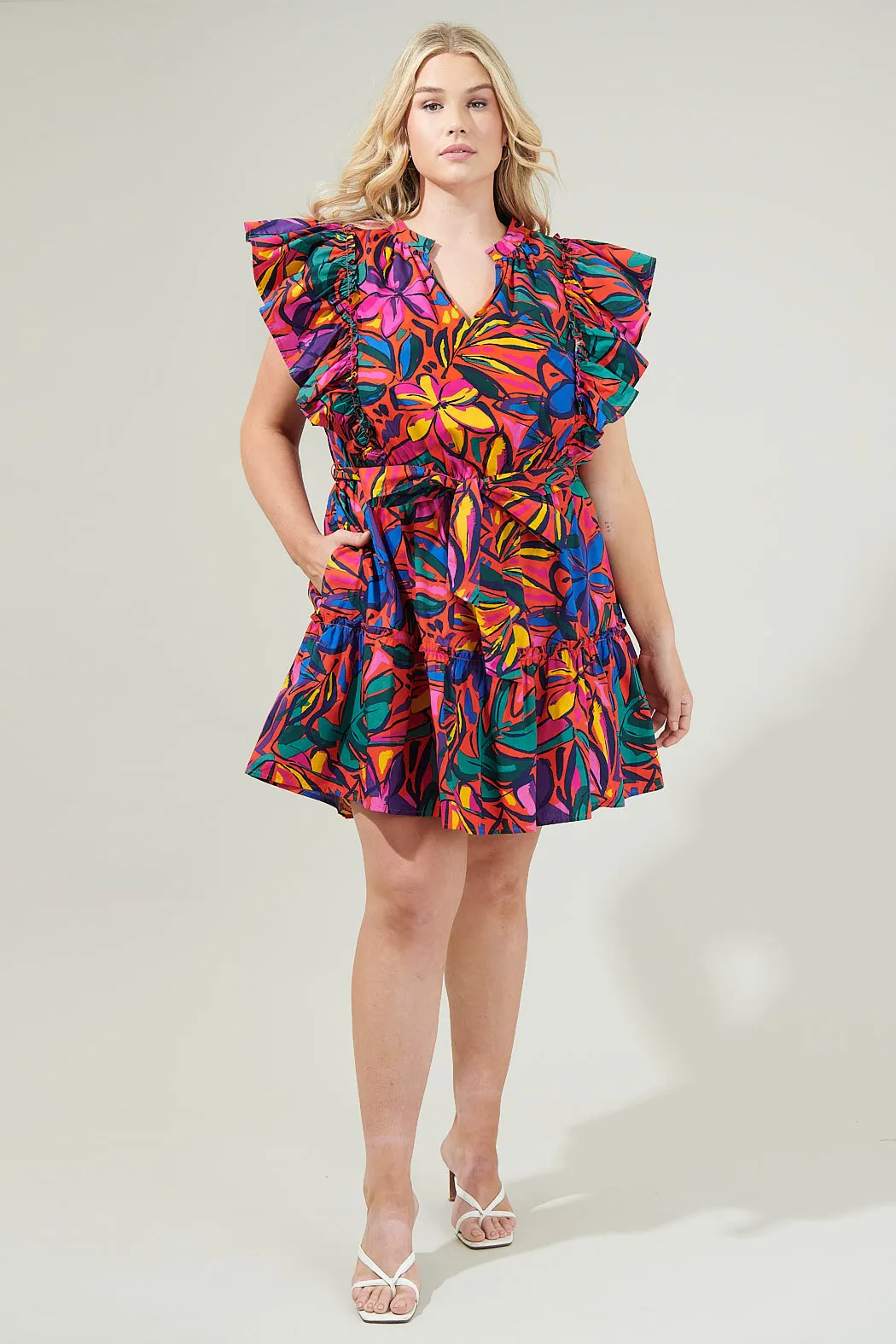 Rainbow Tropics Floral Ruffle Mini Dress Curve