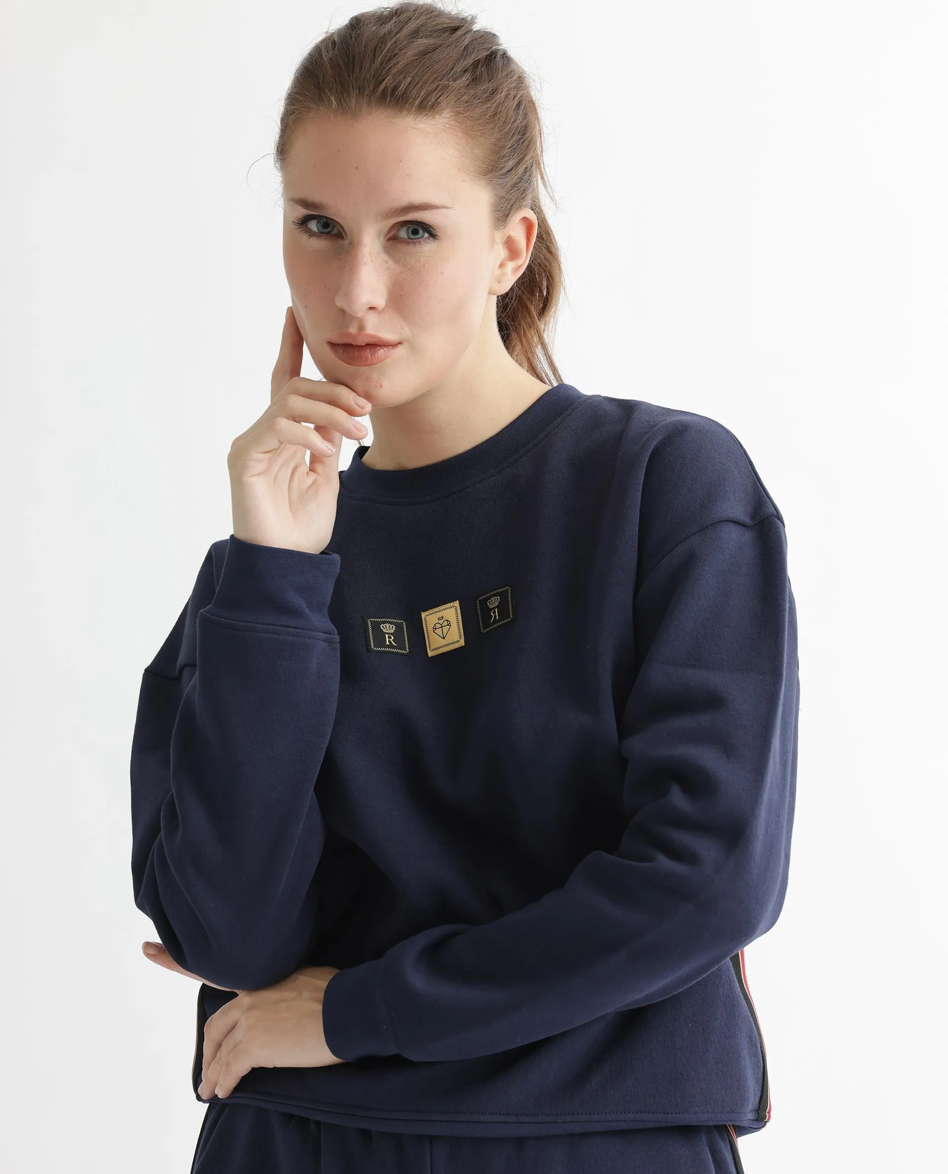 Rareism Articale Women Suzie Navy Poly Cotton Fabric Full Sleeves Cuffed Sleeve Round Neck Relaxed Fit Graphic Print Sweatshirt