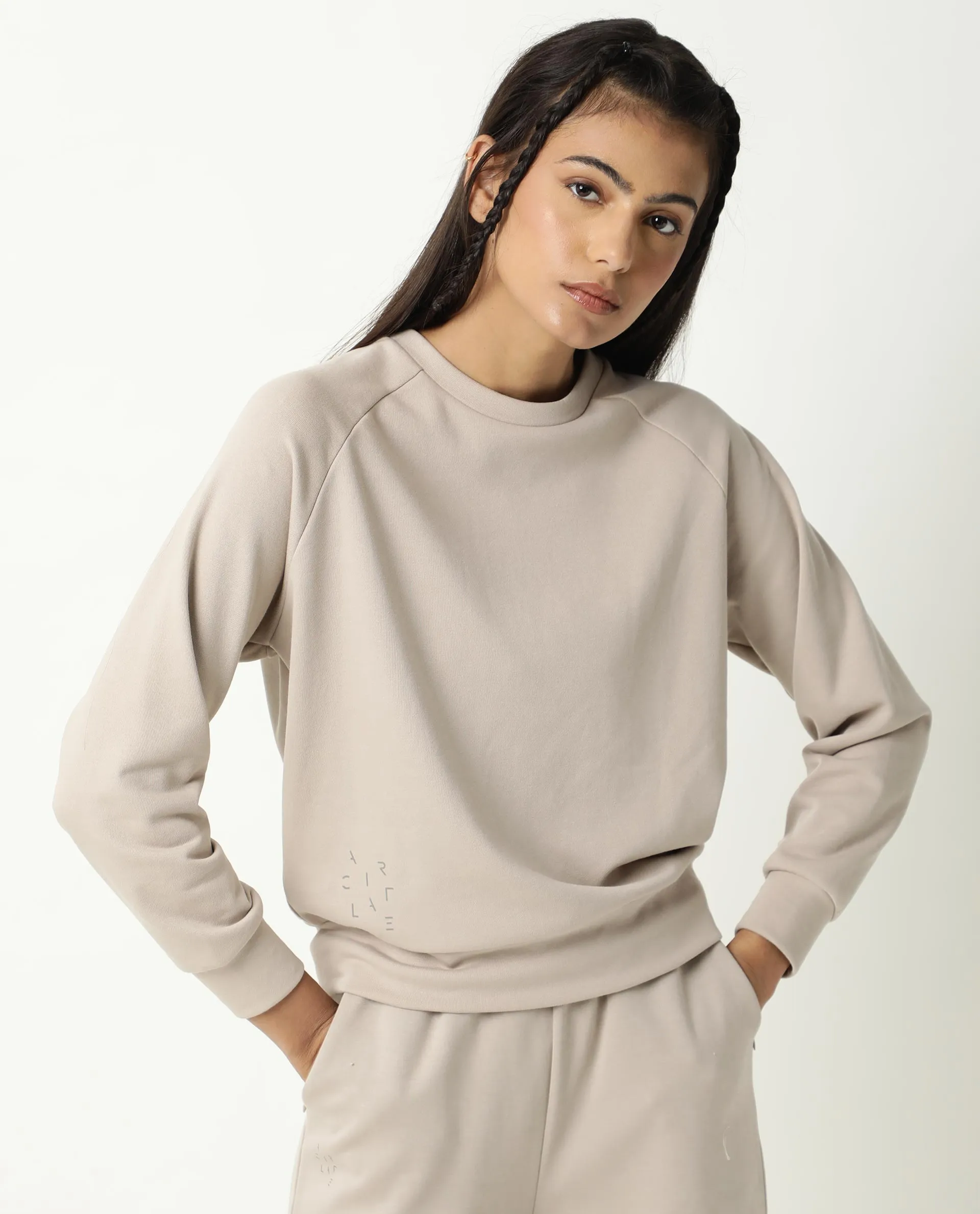 Rareism Women Cax Beige Cotton Blend Fabric Relaxed Fit Full Sleeves Solid Round Neck Sweatshirt