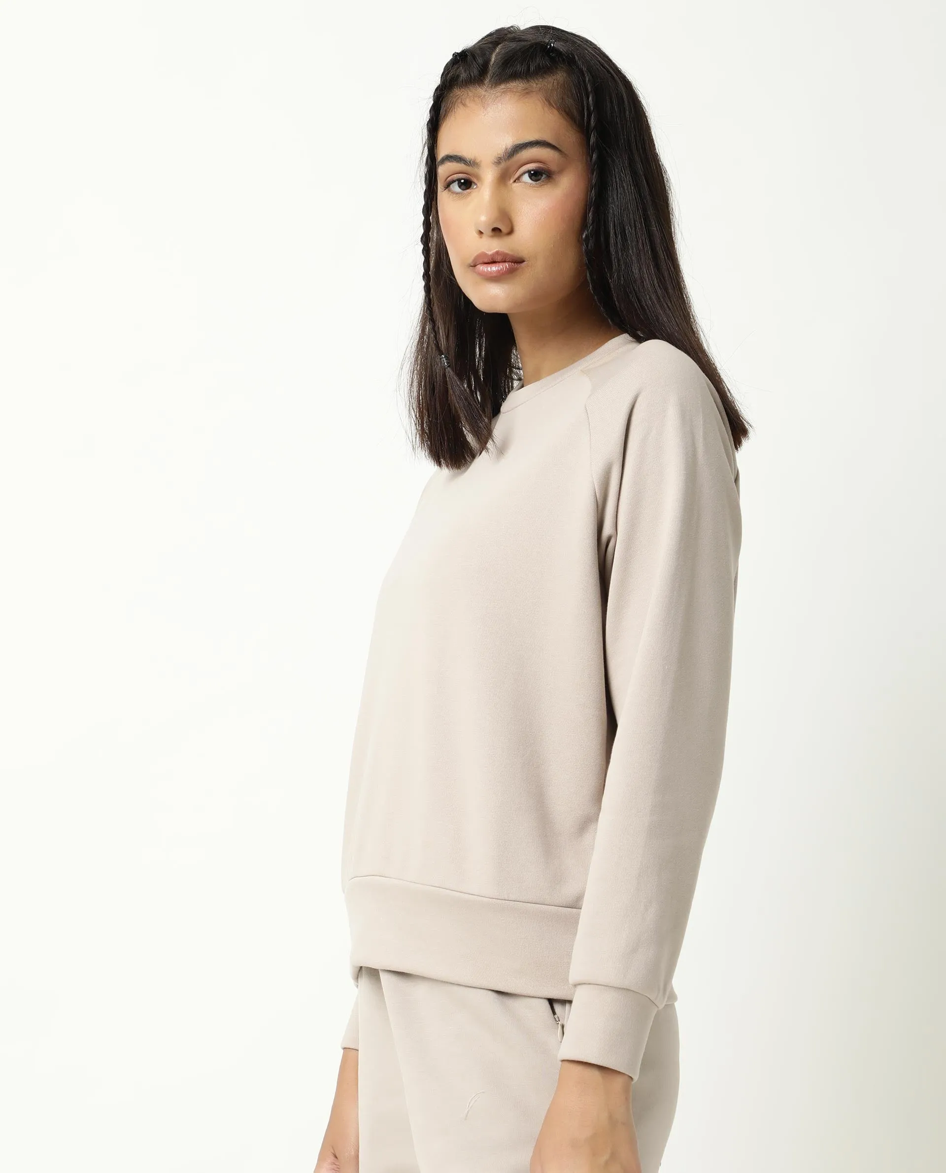 Rareism Women Cax Beige Cotton Blend Fabric Relaxed Fit Full Sleeves Solid Round Neck Sweatshirt