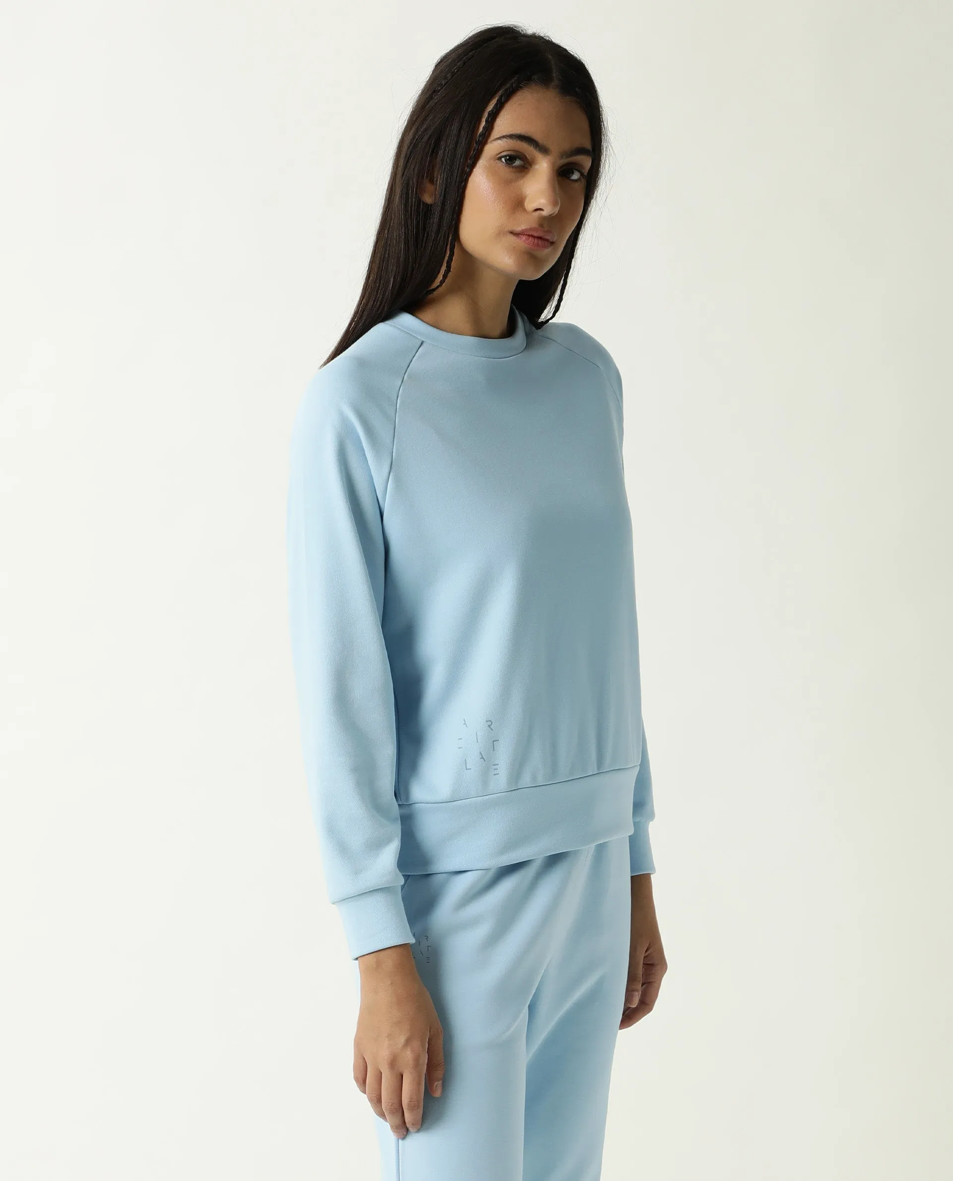 Rareism Women Cax Blue Cotton Blend Fabric Relaxed Fit Full Sleeves Solid Round Neck Sweatshirt