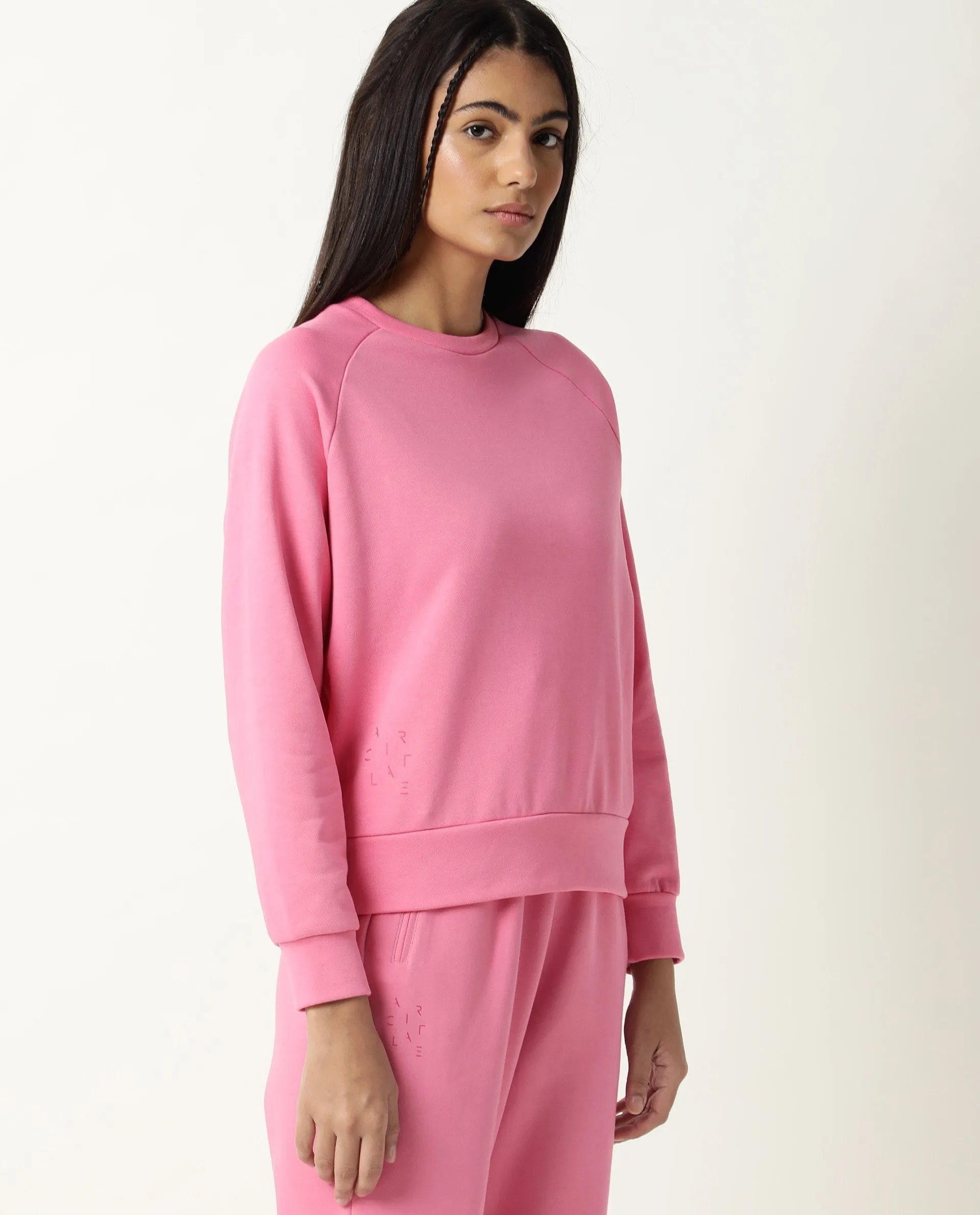 Rareism Women Cax Flouroscent Pink Cotton Blend Fabric Relaxed Fit Full Sleeves Solid Round Neck Sweatshirt