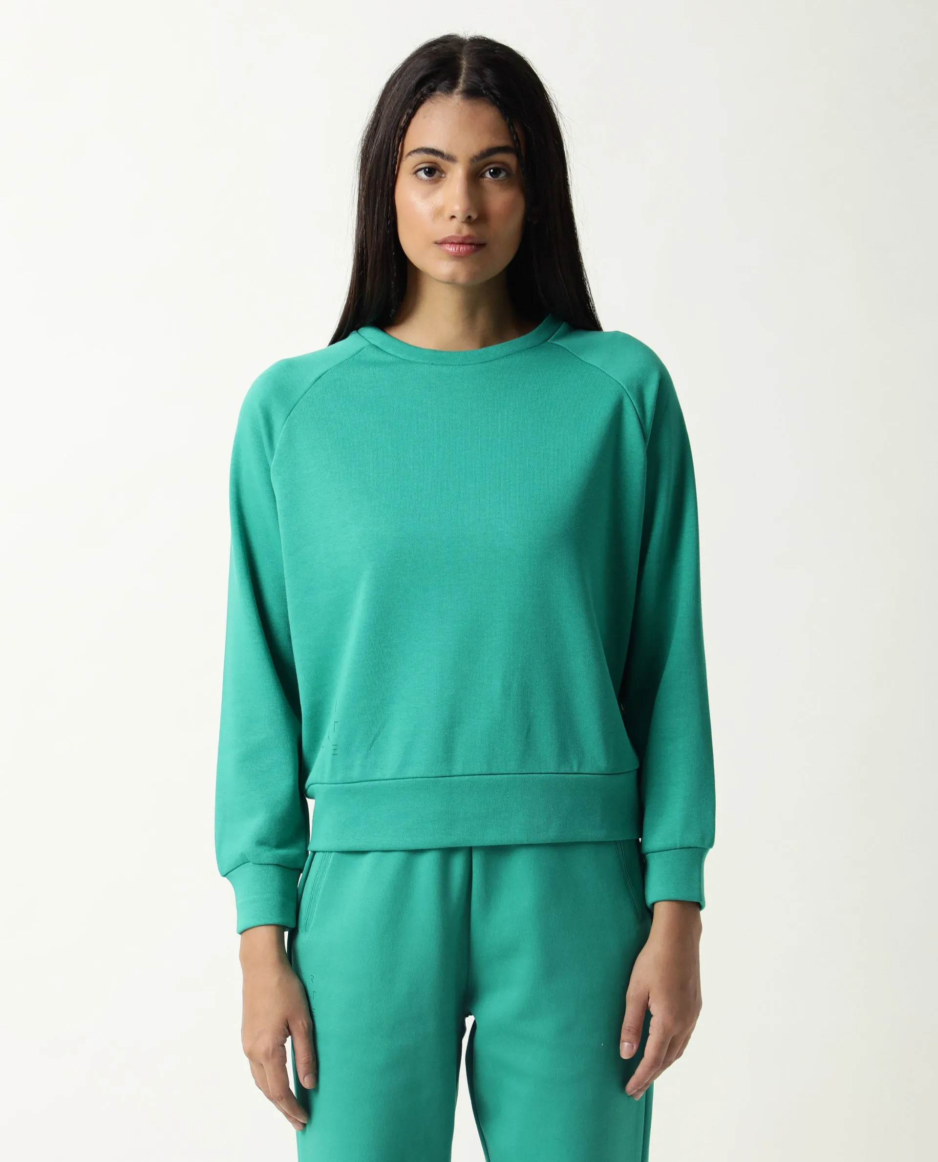 Rareism Women Cax Green Cotton Blend Fabric Relaxed Fit Full Sleeves Solid Round Neck Sweatshirt