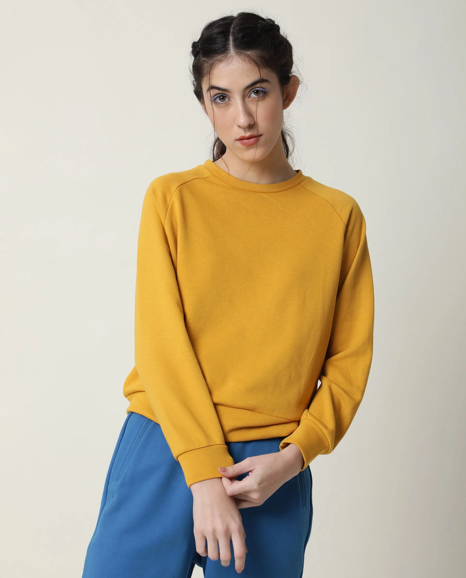 Rareism Women Cax Mustard Cotton Blend Fabric Relaxed Fit Full Sleeves Solid Round Neck Sweatshirt