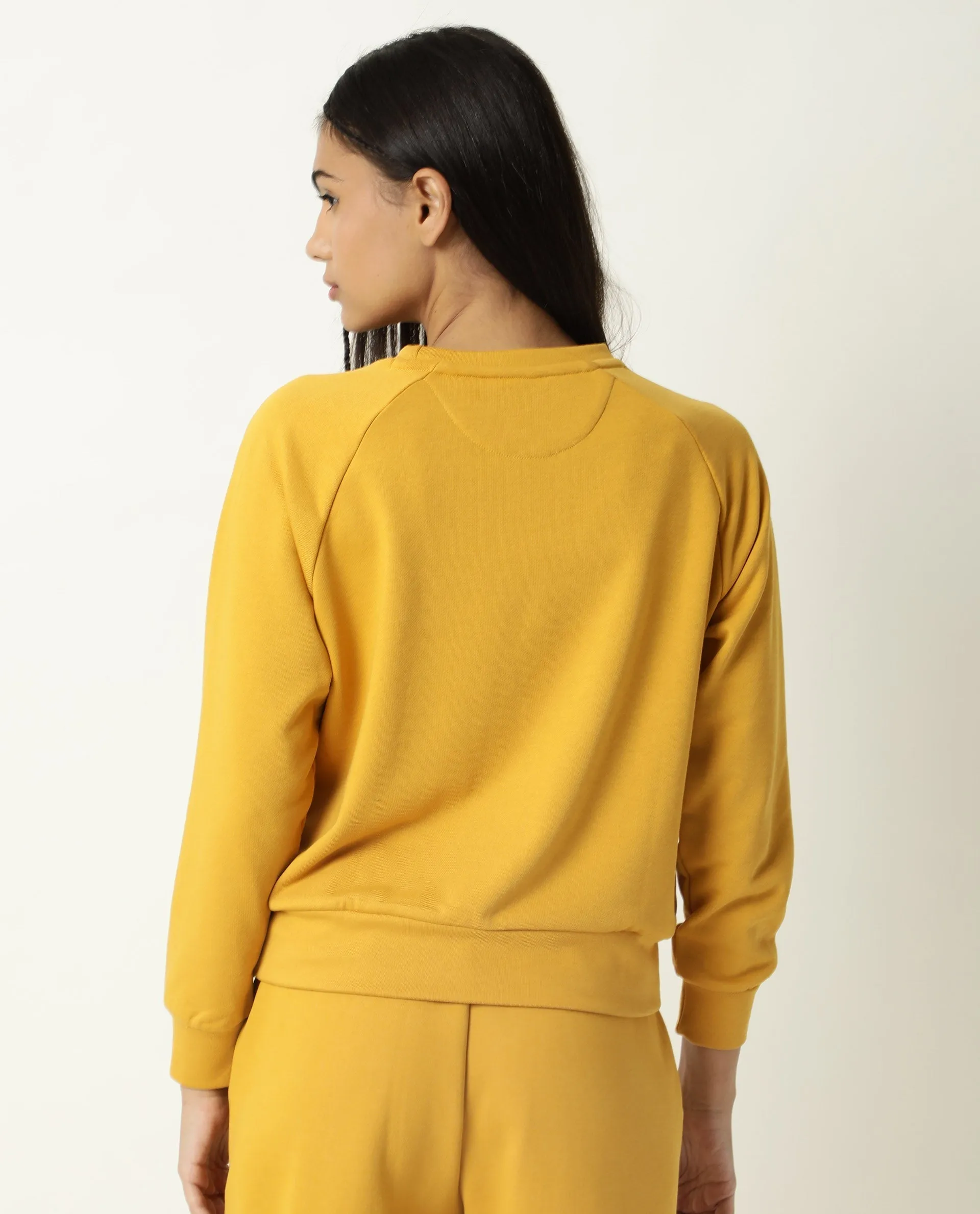 Rareism Women Cax Mustard Cotton Blend Fabric Relaxed Fit Full Sleeves Solid Round Neck Sweatshirt