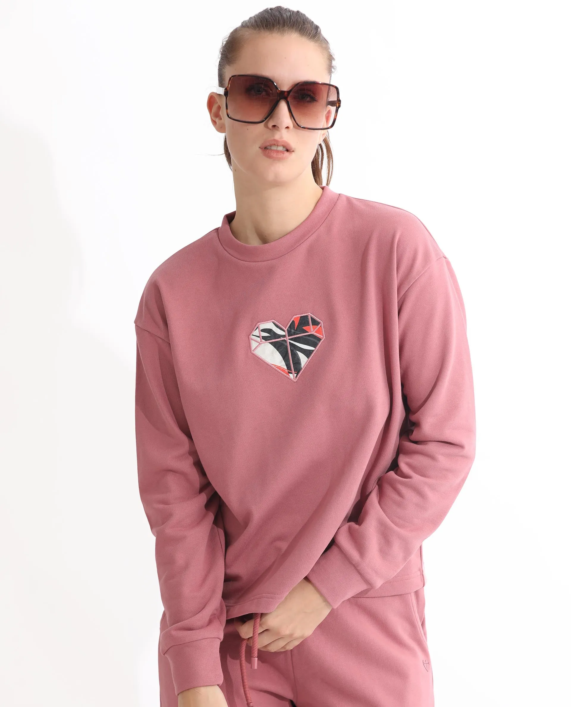 Rareism Women Morin Dusky Pink Poly Cotton Fabric Regular Fit Full Sleeves Graphic Print Crew Neck Sweatshirt