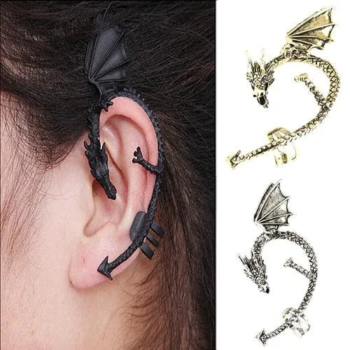 Retro Earrings Gothic Punk Etched Dragon Shape Ear Cuff No Piercing