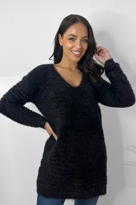 Ribbed Fluffy Knit V-Neck Longline Pullover