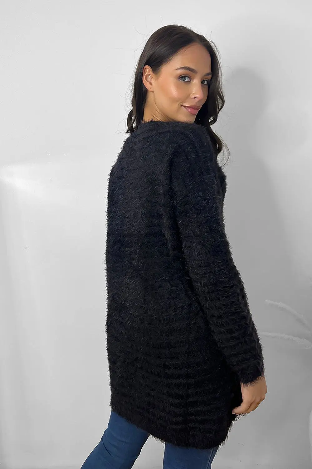 Ribbed Fluffy Knit V-Neck Longline Pullover