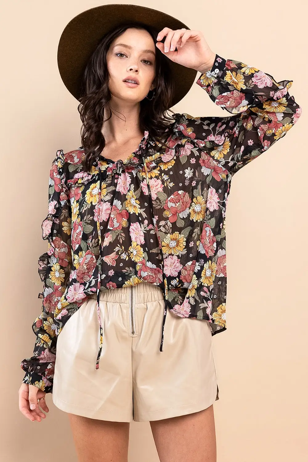 Ruffle Trim Long Sleeve Floral Blouse