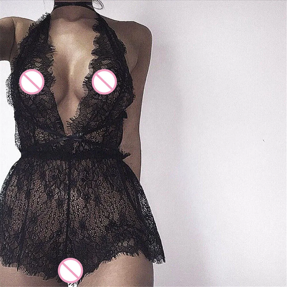 Sexy Women Ladies Hollow Out Baby Doll See-through Dress Sleepwear Black Lace Babydoll Underwear Lingerie S-XL SM6