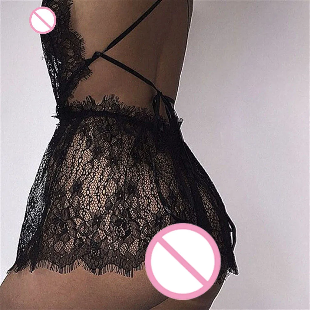 Sexy Women Ladies Hollow Out Baby Doll See-through Dress Sleepwear Black Lace Babydoll Underwear Lingerie S-XL SM6