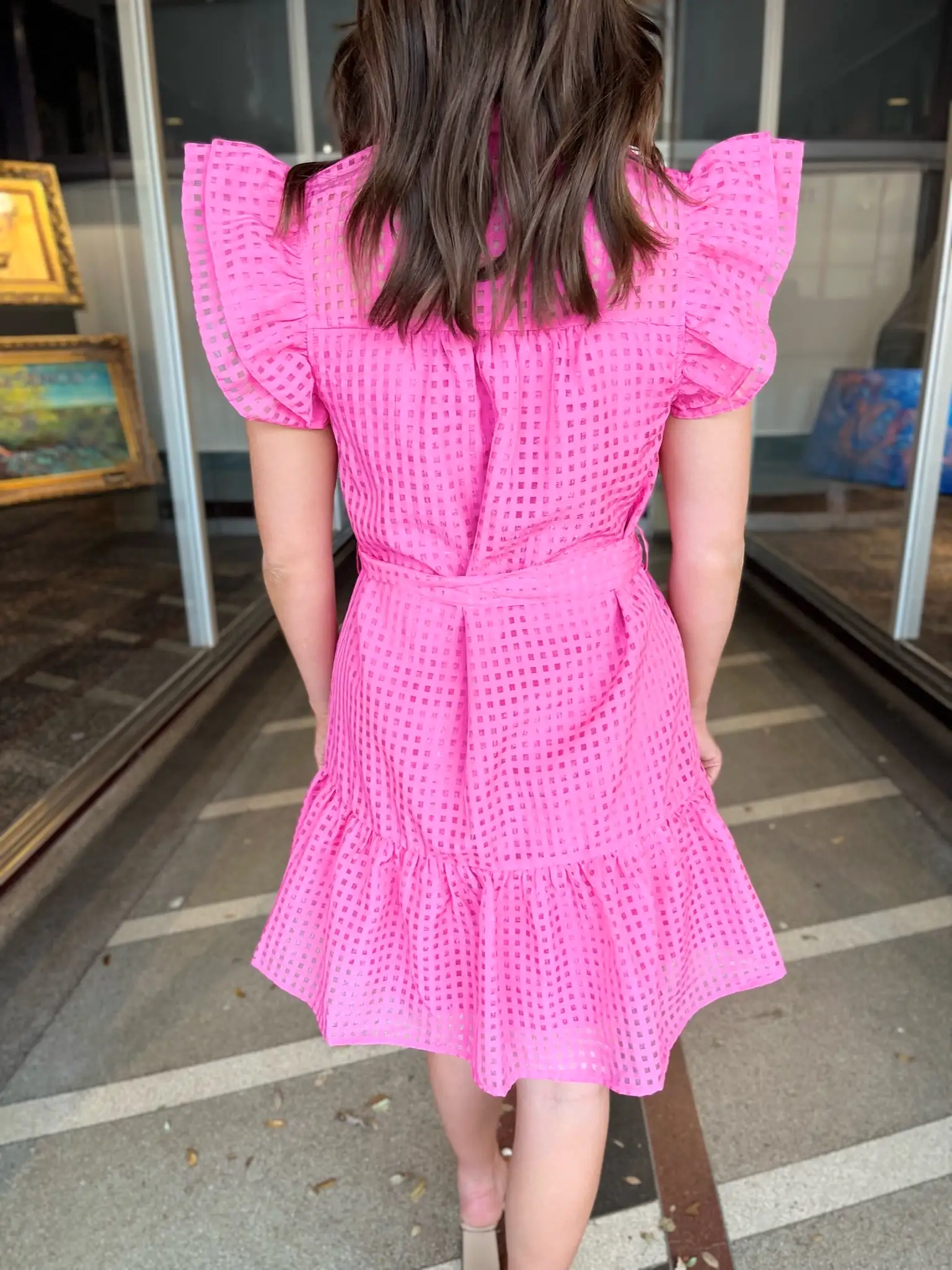 Sheer Grid Tiered Mini Dress -Hot Pink