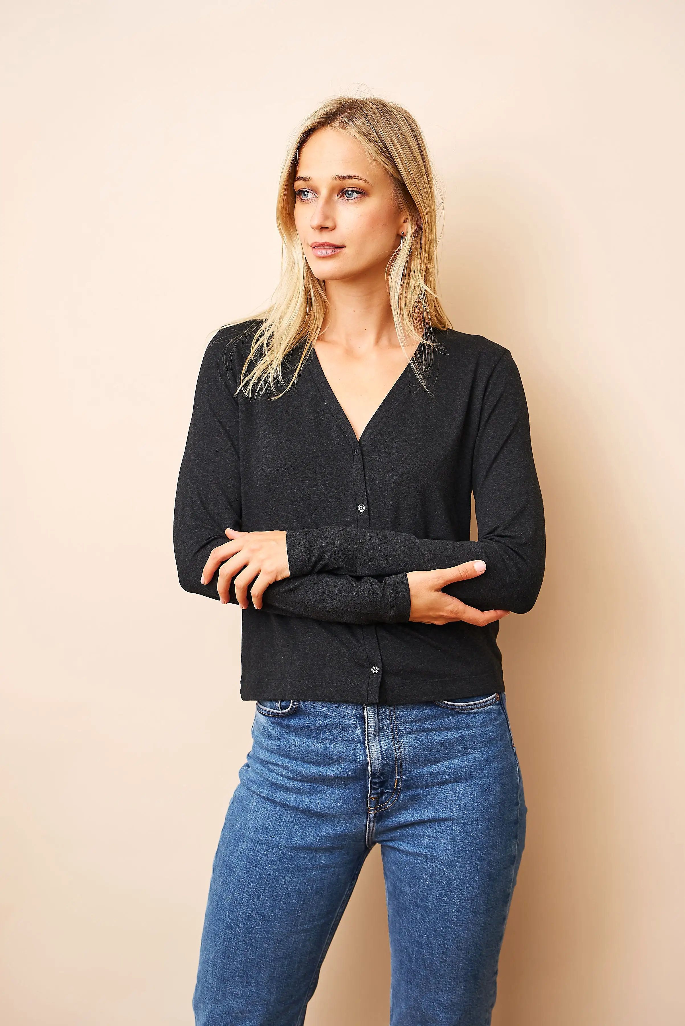 Soft Touch V-Neck Cardigan in Anthracite Chine