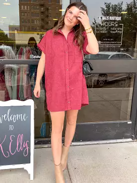 Solid Corduroy Button Down Mini Dress- Merlot