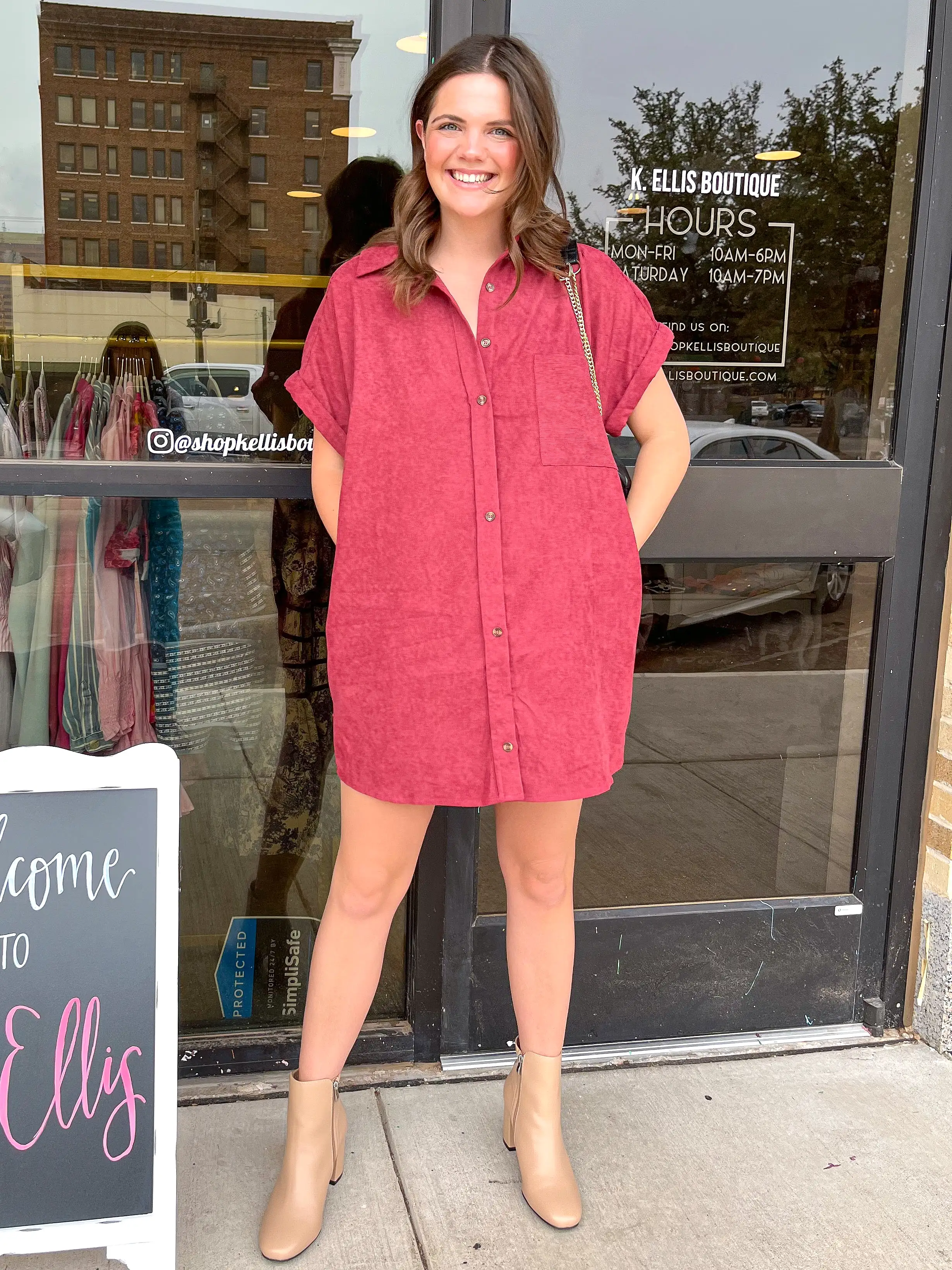 Solid Corduroy Button Down Mini Dress- Merlot