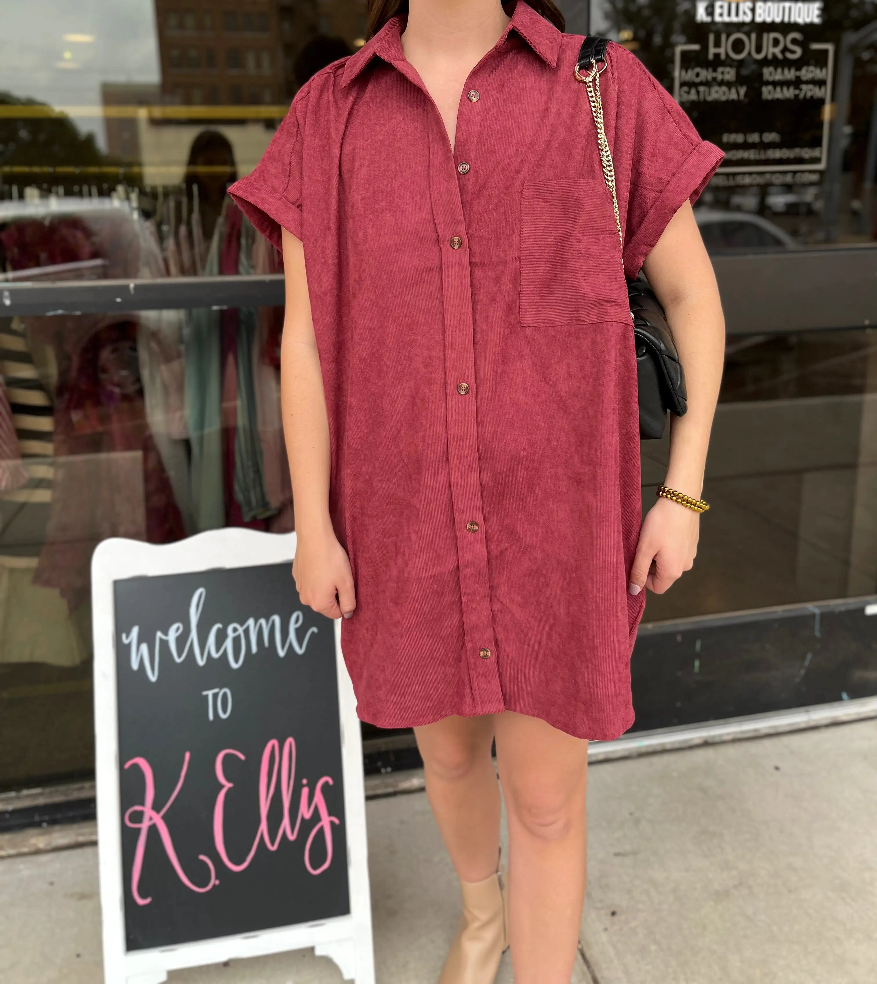 Solid Corduroy Button Down Mini Dress- Merlot