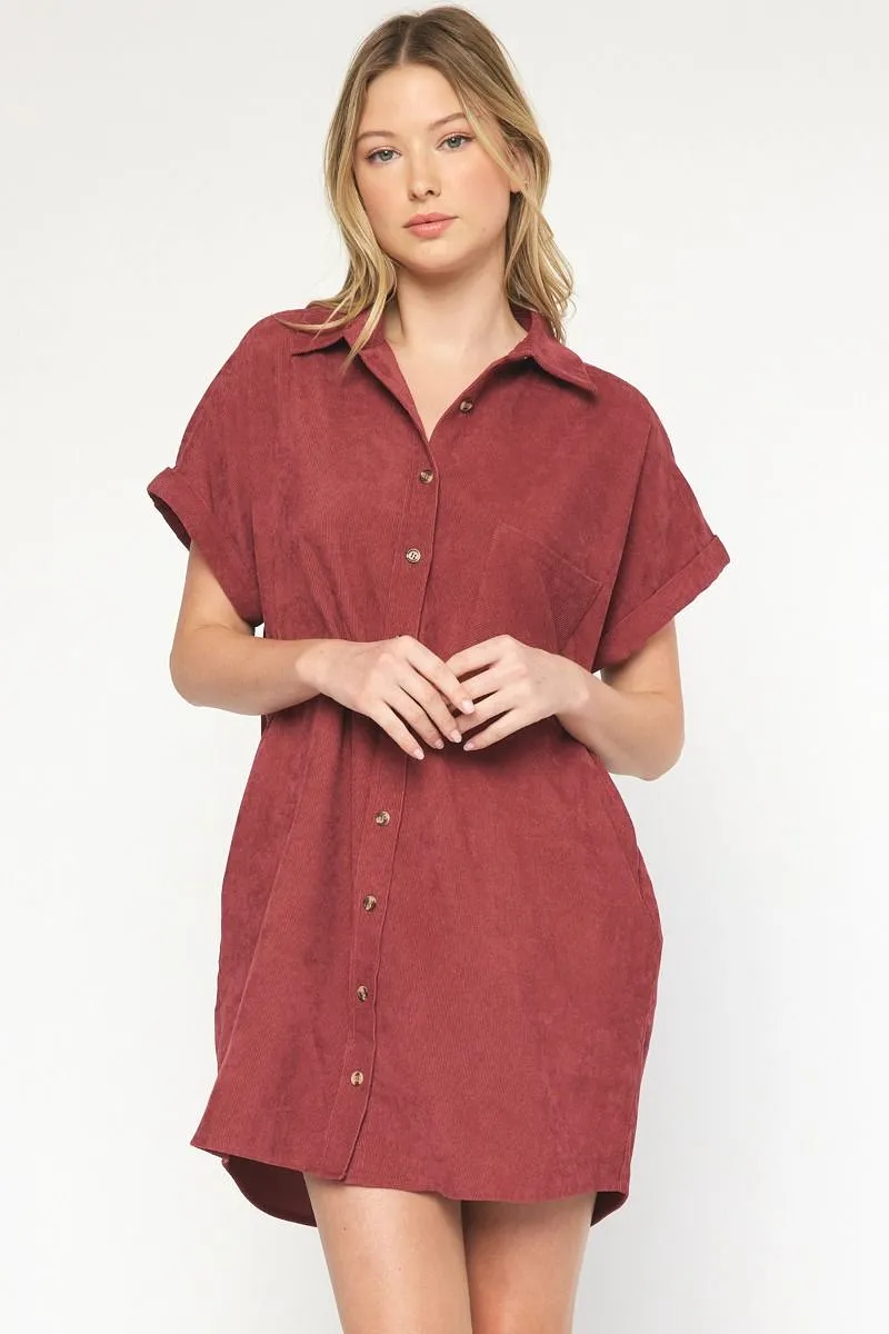 Solid Corduroy Button Down Mini Dress- Merlot