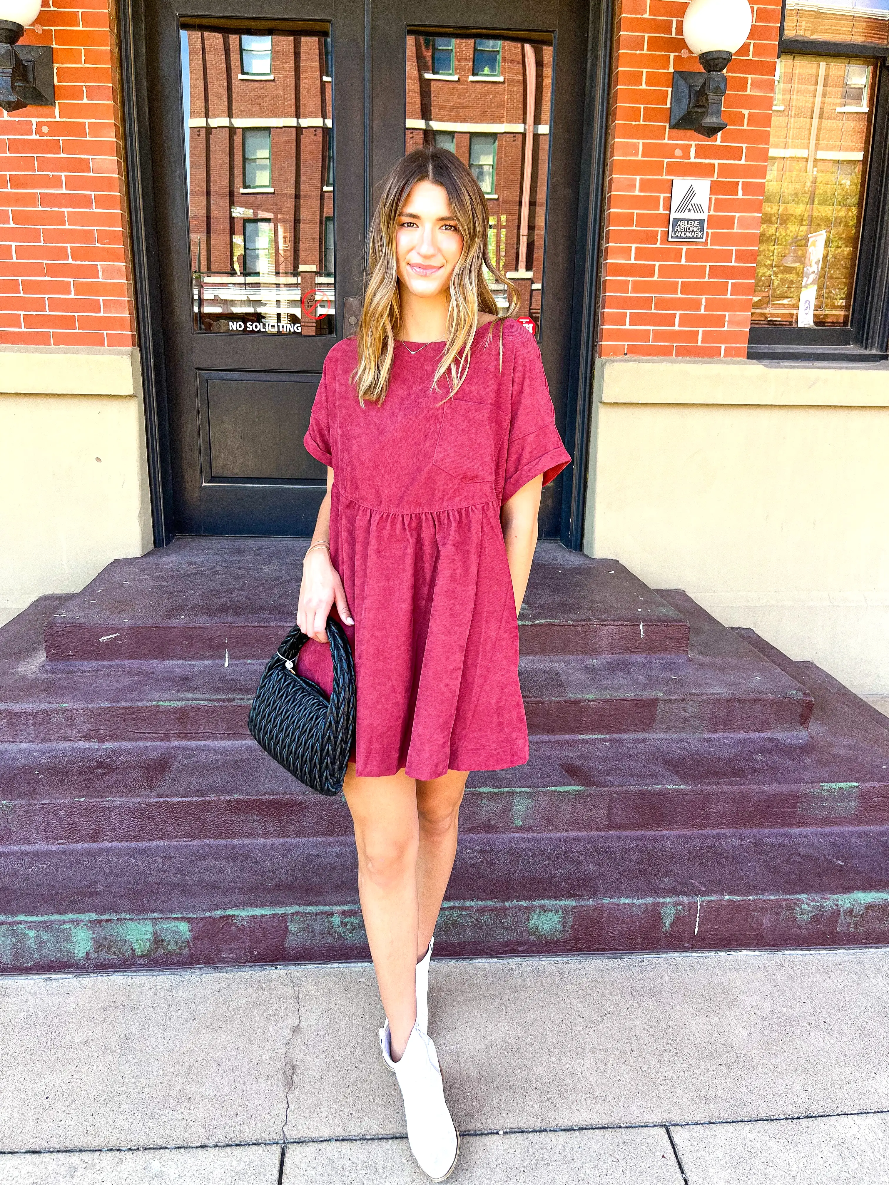 Solid Corduroy Short Sleeve Mini Dress- Cranberry