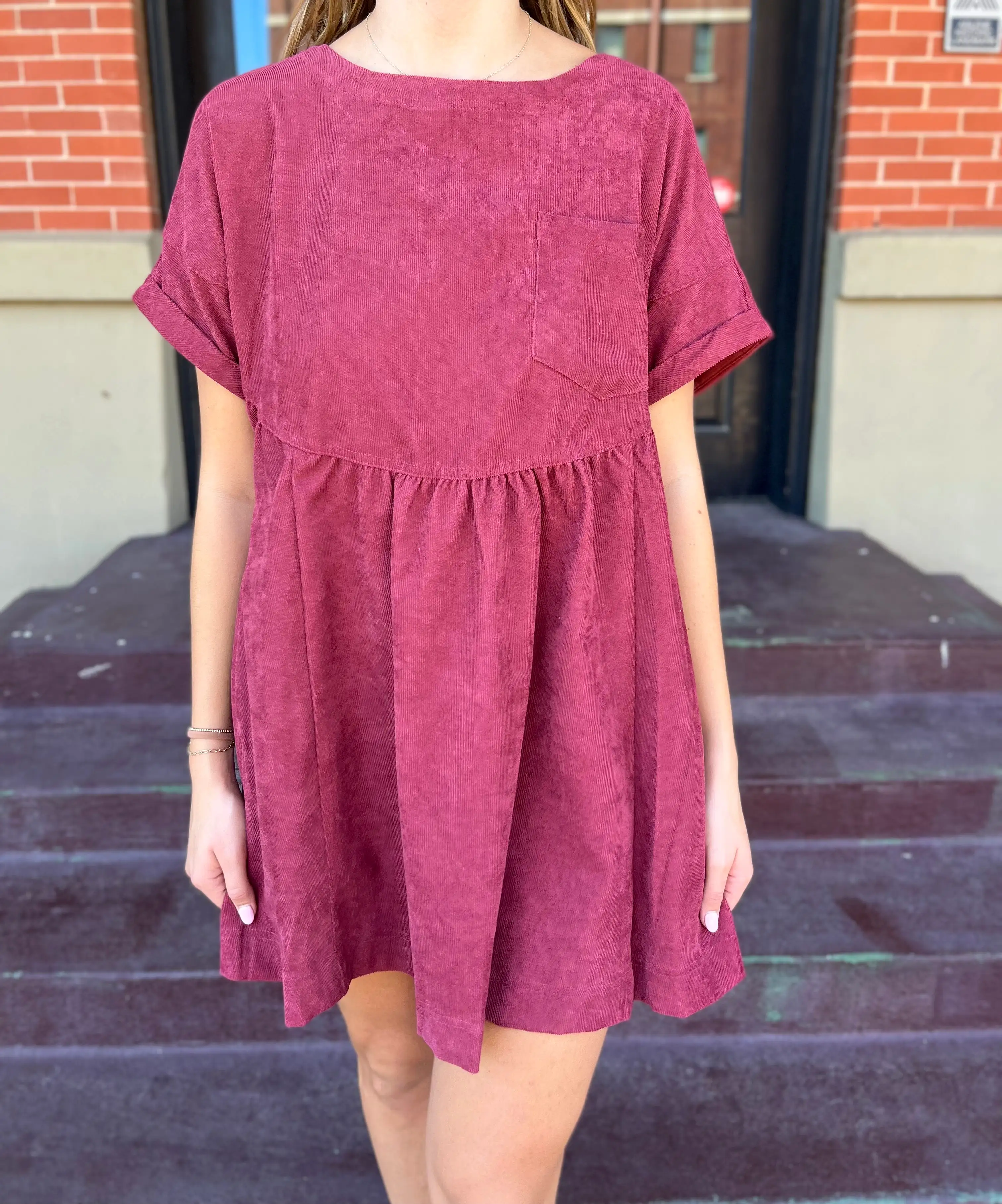 Solid Corduroy Short Sleeve Mini Dress- Cranberry