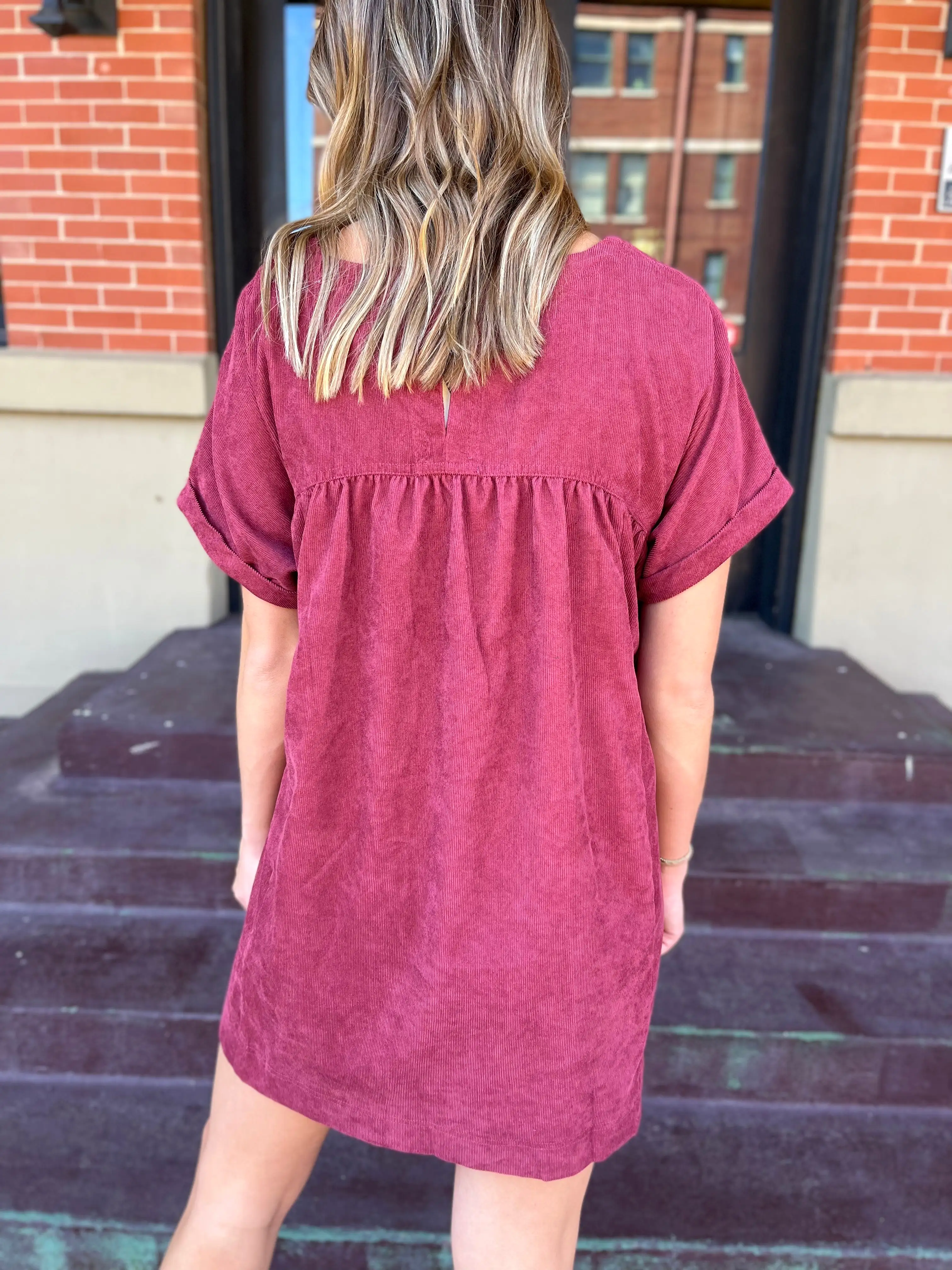 Solid Corduroy Short Sleeve Mini Dress- Cranberry