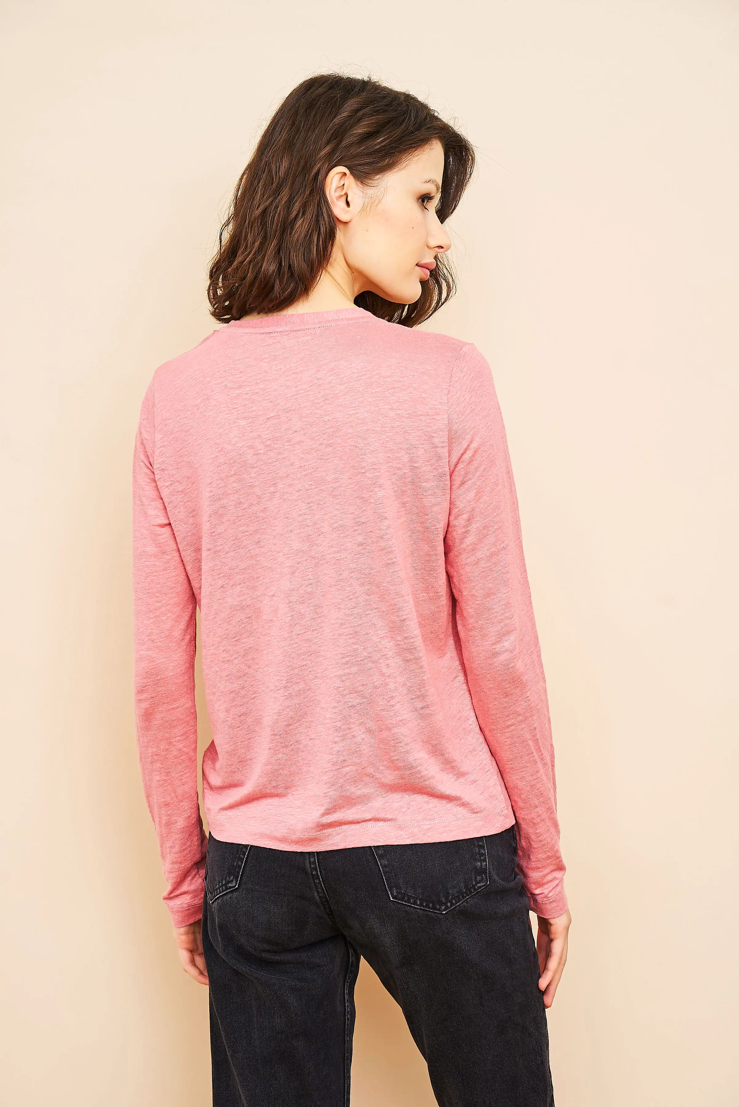 Stretch Linen V-Neck Cardigan in Bouton De Rose