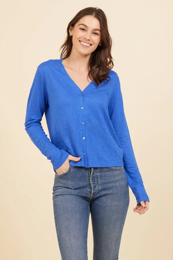 Stretch Linen V-Neck Cardigan in Mediterranean