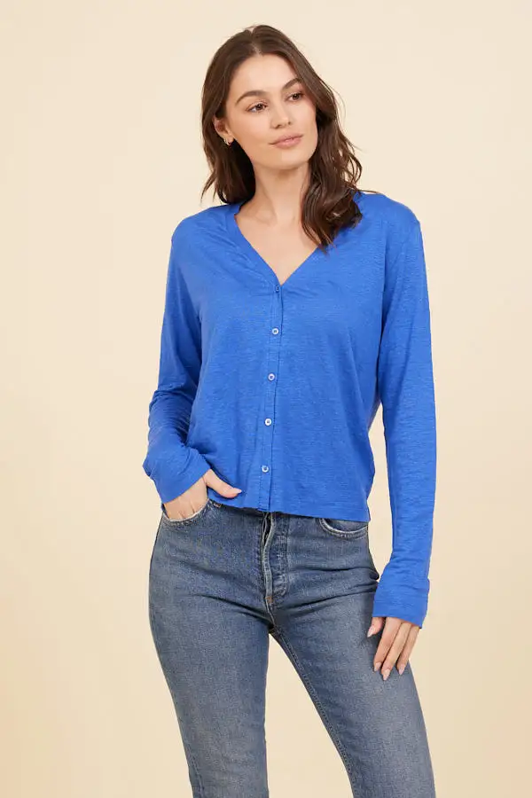 Stretch Linen V-Neck Cardigan in Mediterranean