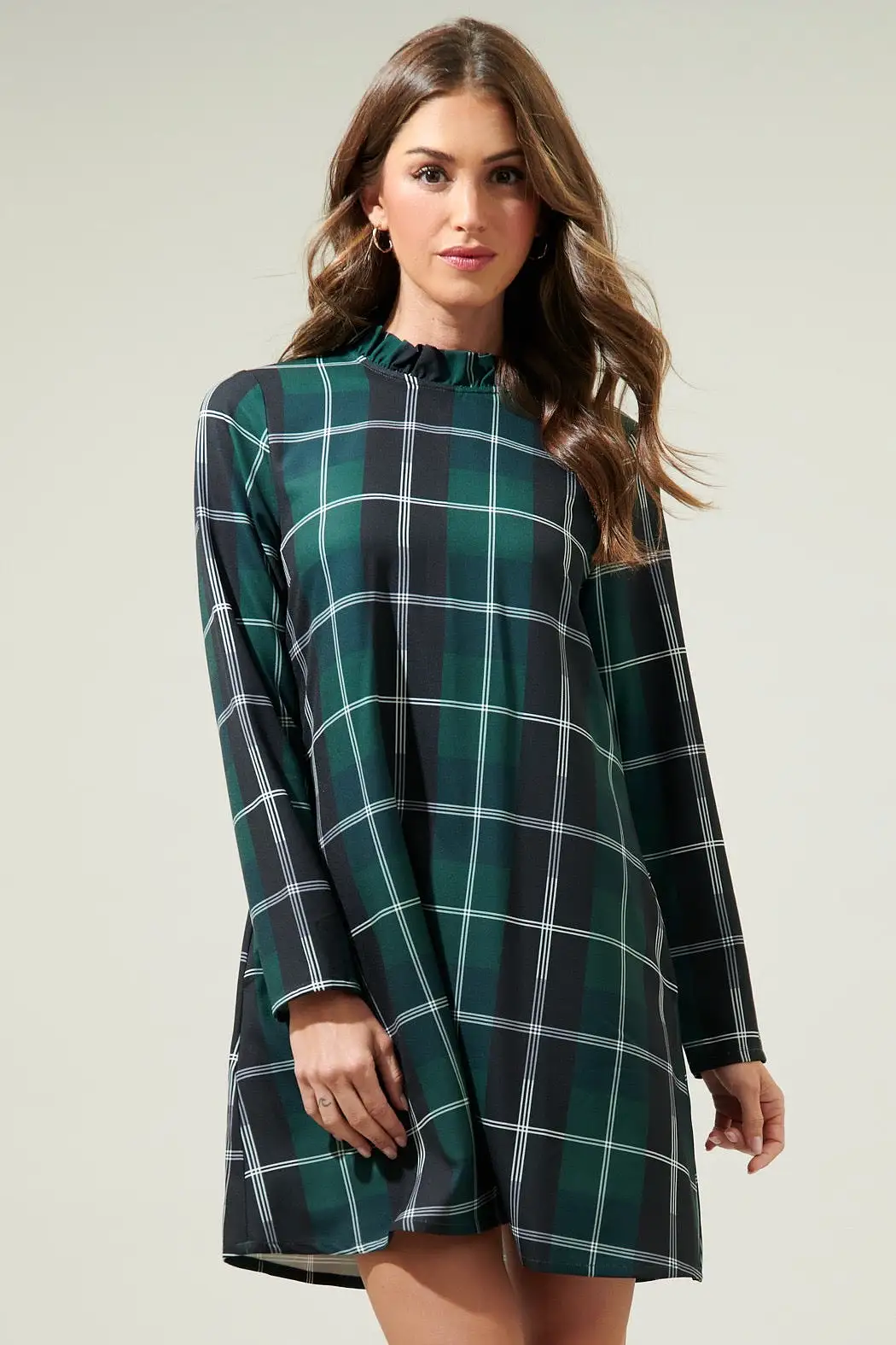 Sweet Beyond Long Sleeve Plaid Mini Dress- Emerald White