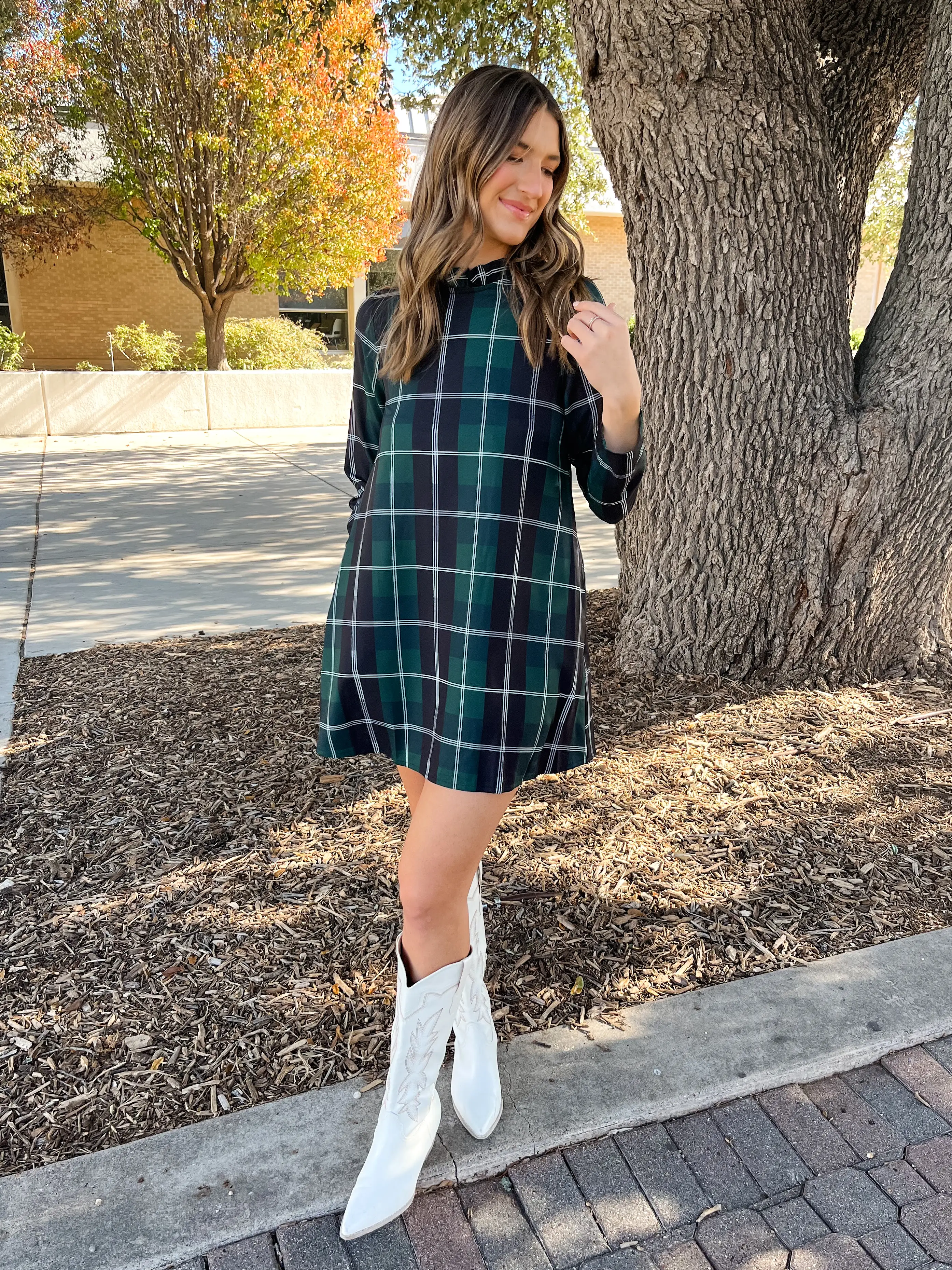 Sweet Beyond Long Sleeve Plaid Mini Dress- Emerald White