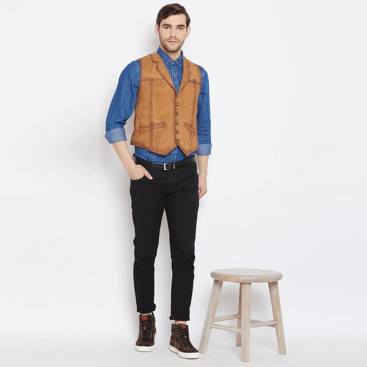 Tan Leather Cowboy Look Vests By Brune & Bareskin