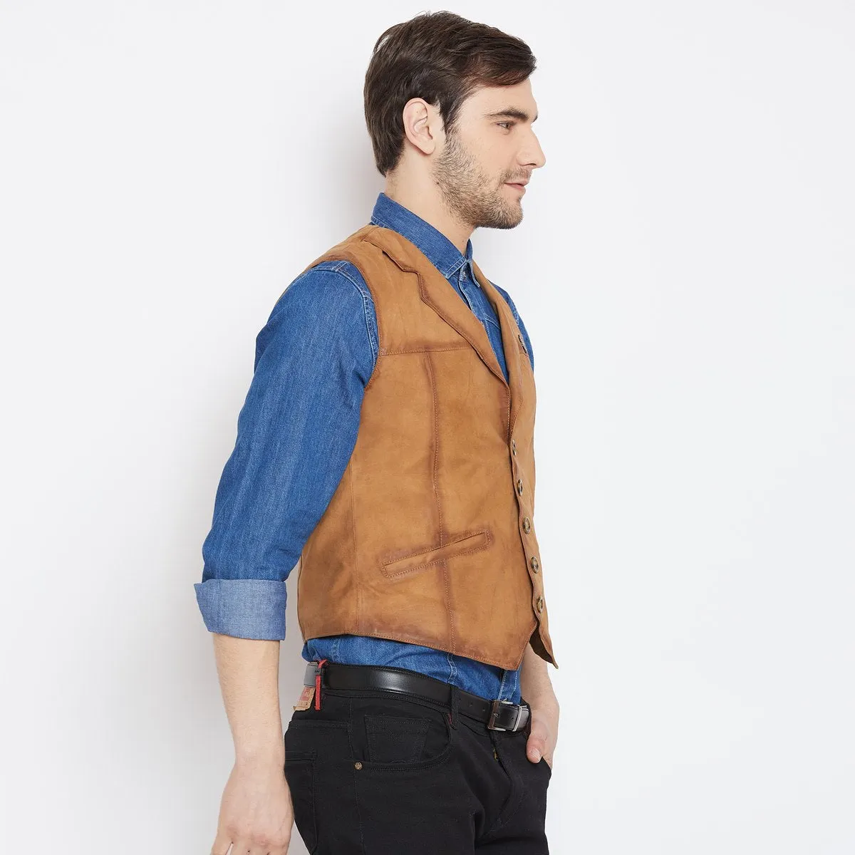 Tan Leather Cowboy Look Vests By Brune & Bareskin