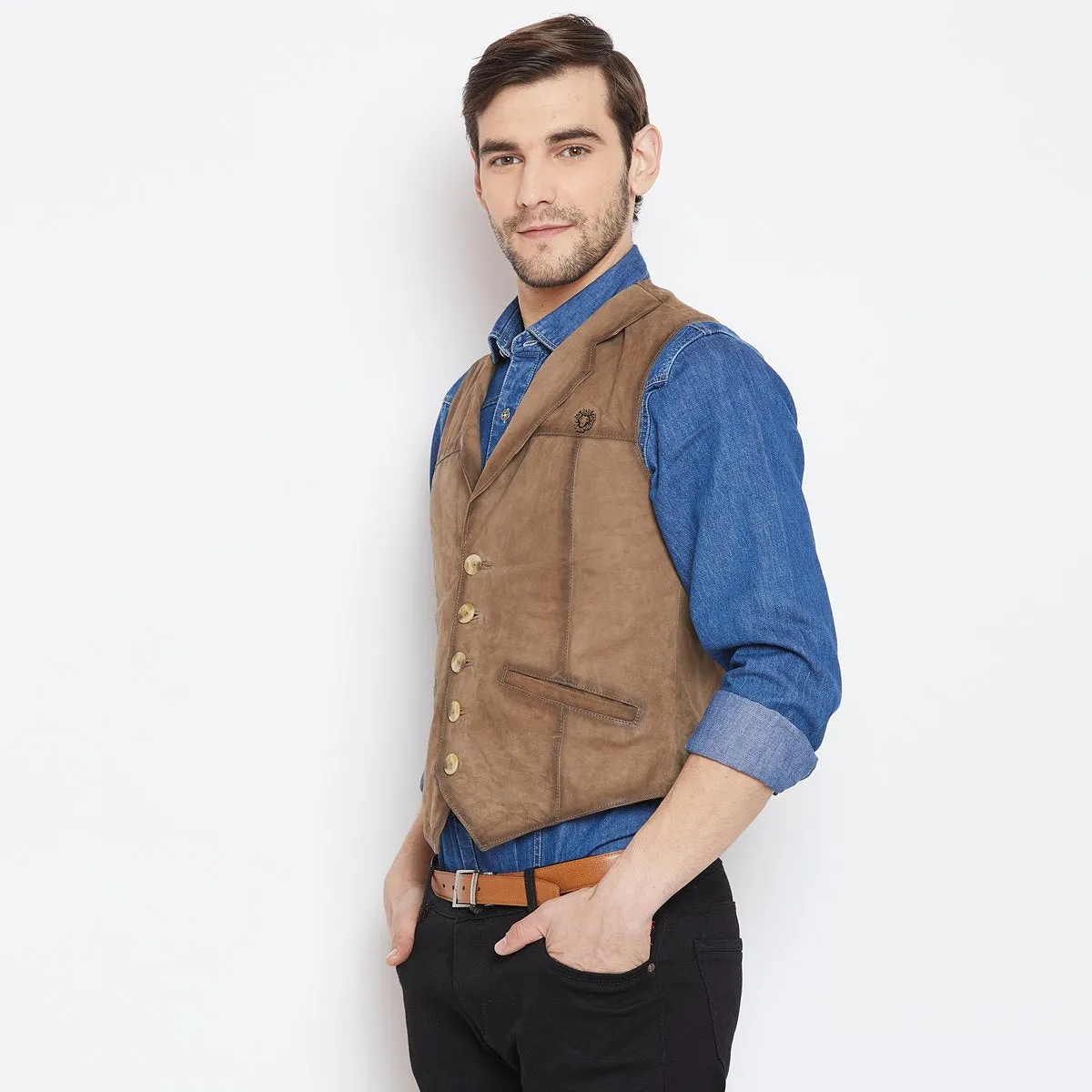 Taupe Leather Cowboy Look Vests By  Brune & Bareskin