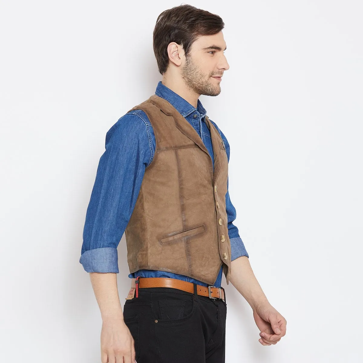 Taupe Leather Cowboy Look Vests By  Brune & Bareskin