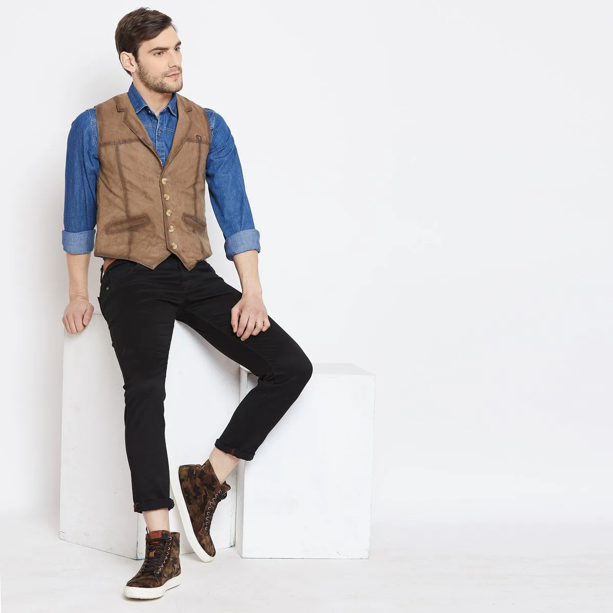 Taupe Leather Cowboy Look Vests By  Brune & Bareskin