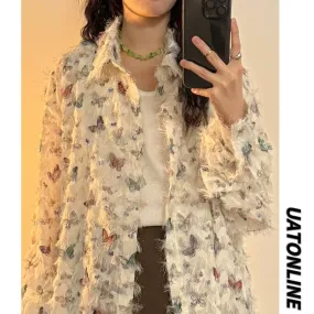 UATONLINE2024 spring and autumn American retro butterfly print three-dimensional tassel long-sleeved shirt women's casual top