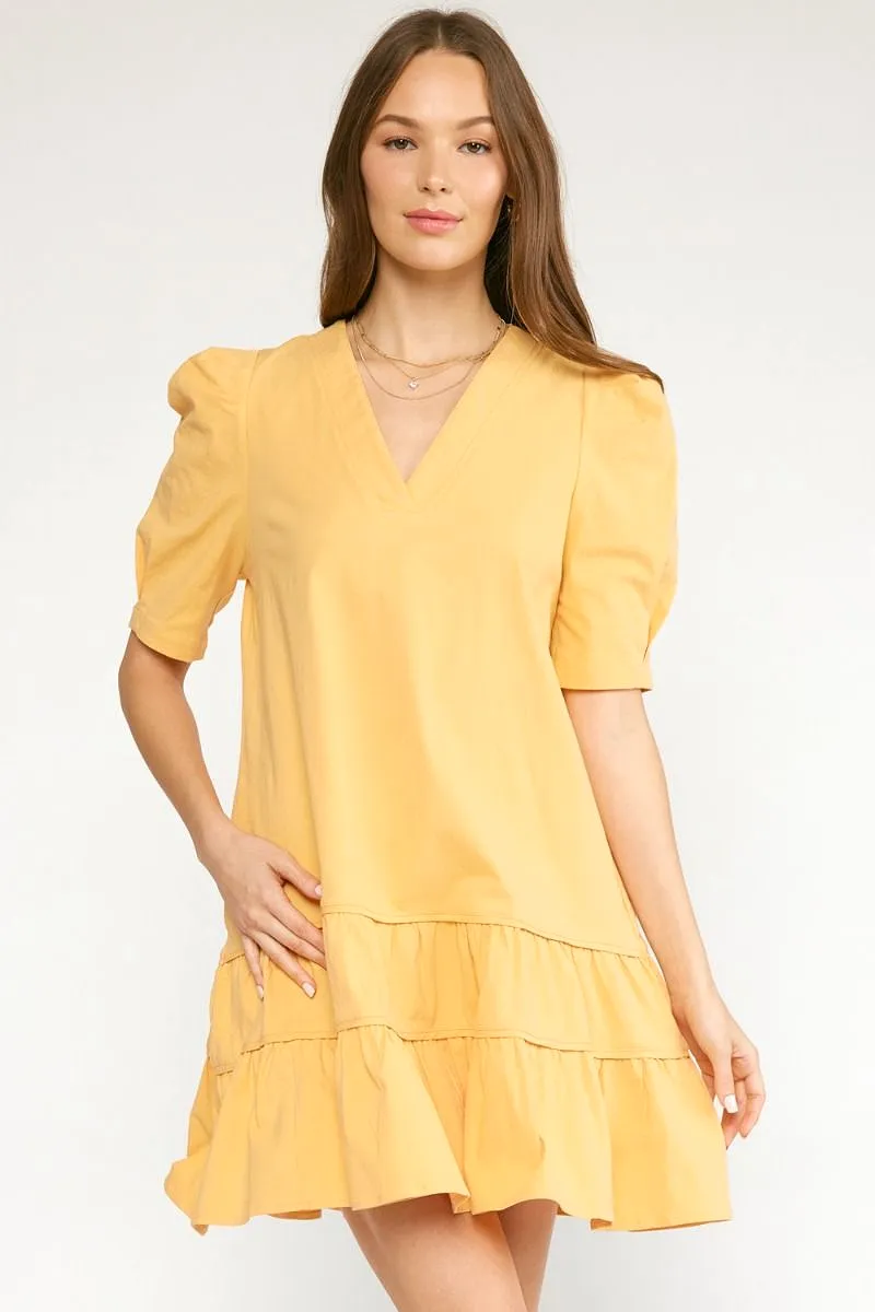 V-Neck Tiered Mini Dress - Yellow