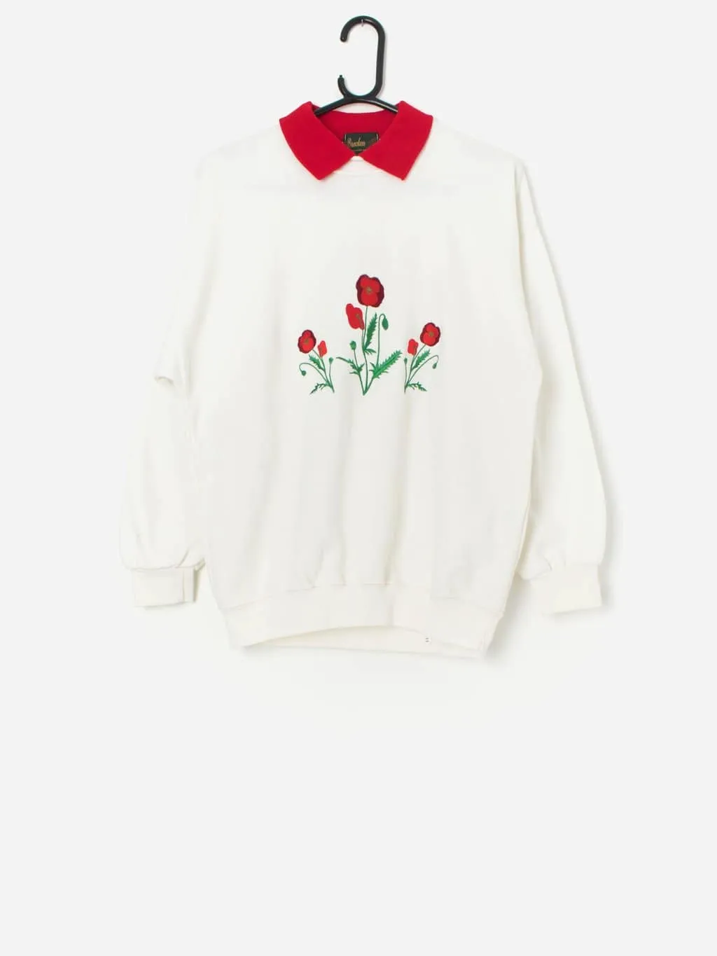 Vintage collared sweatshirt with embroidered red poppies – Medium