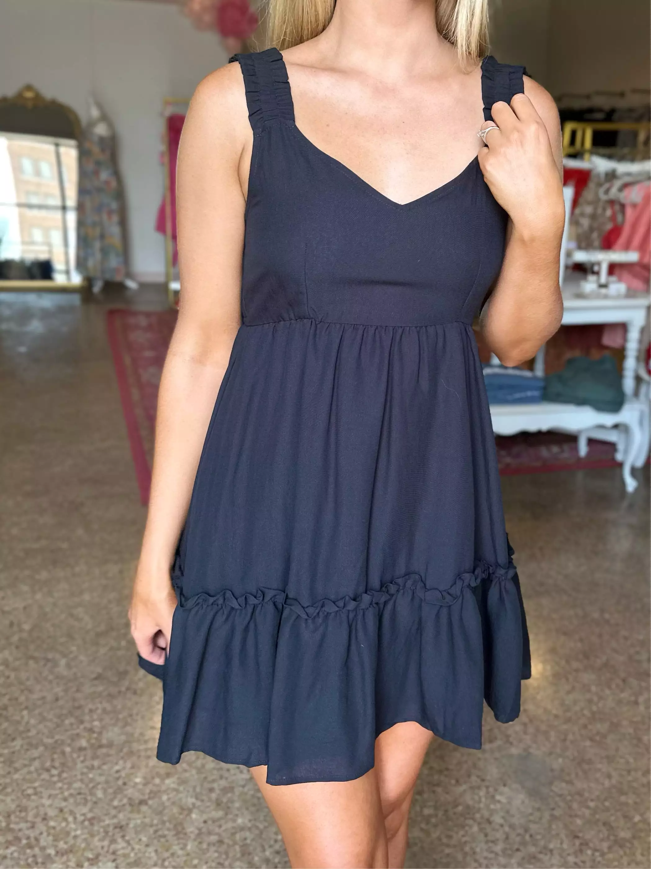 Wide Strap Mini Dress - Black